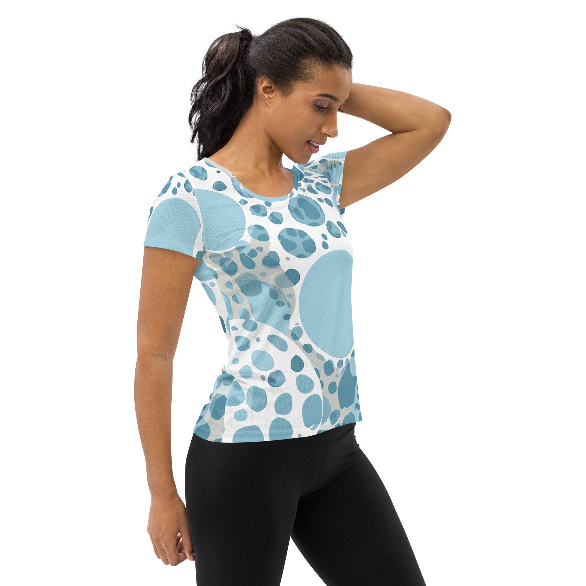 Women's Stretch Fit Athletic Sports T-shirt in blue and white circular design, showcasing its soft fabric and athletic silhouette.