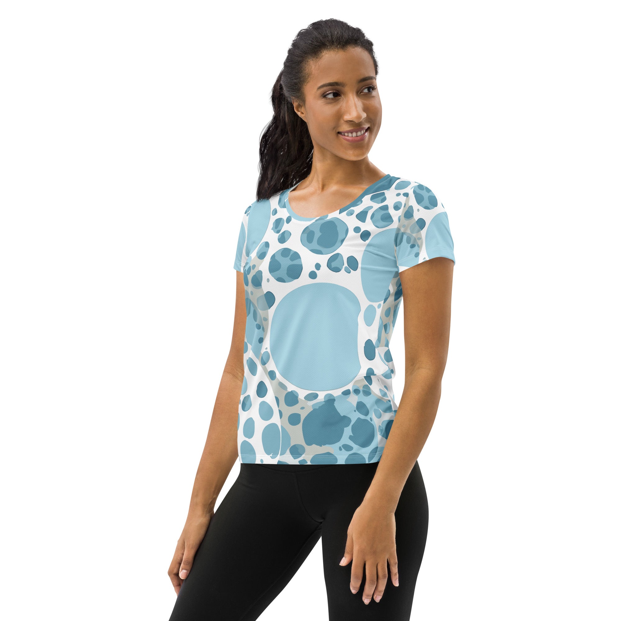 Women's Stretch Fit Athletic Sports T-shirt in blue and white circular design, showcasing its soft fabric and athletic silhouette.