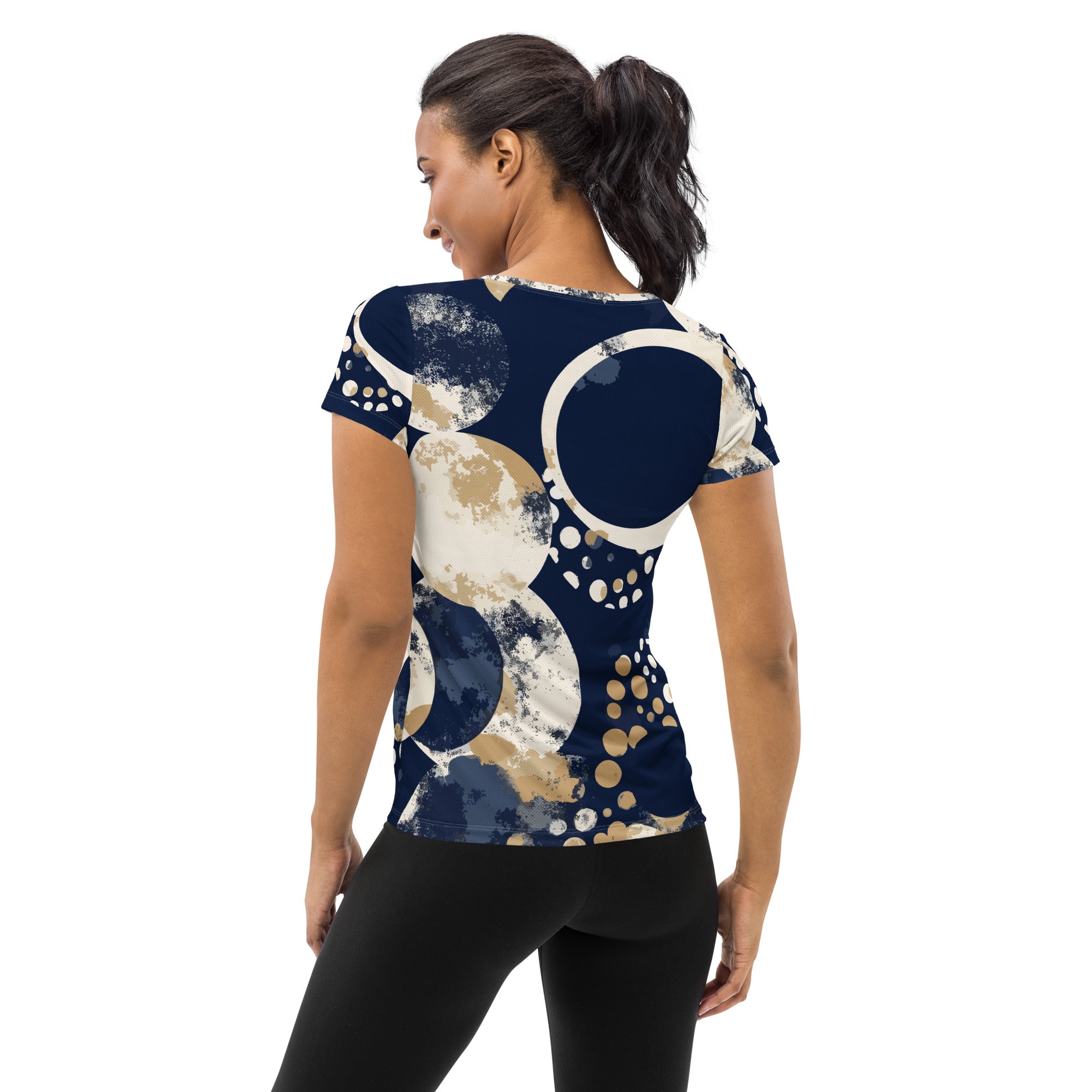 Women's Stretch Fit Athletic Sports T-shirt in blue and beige spotted print, showcasing its soft fabric and athletic design.