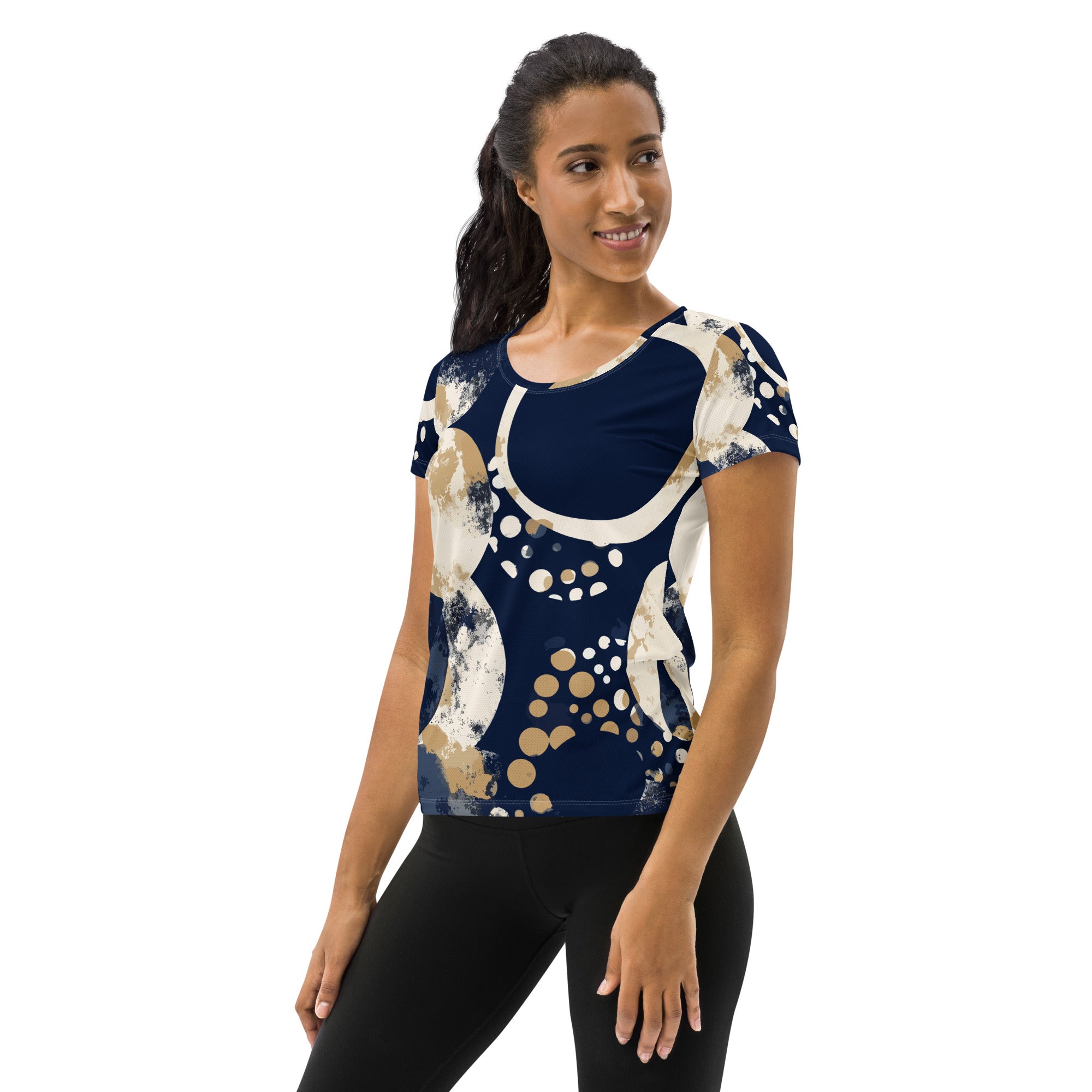 Women's Stretch Fit Athletic Sports T-shirt in blue and beige spotted print, showcasing its soft fabric and athletic design.