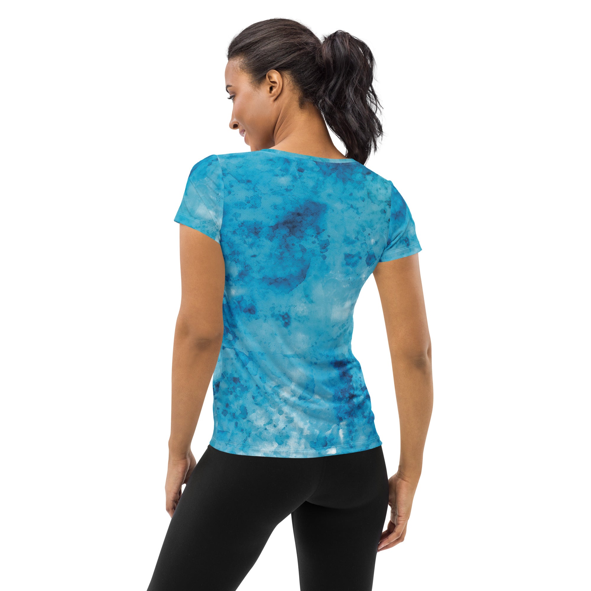 Women's Stretch Fit Athletic Sports T-shirt in blue marble print, showcasing its flexible fit and stylish design.