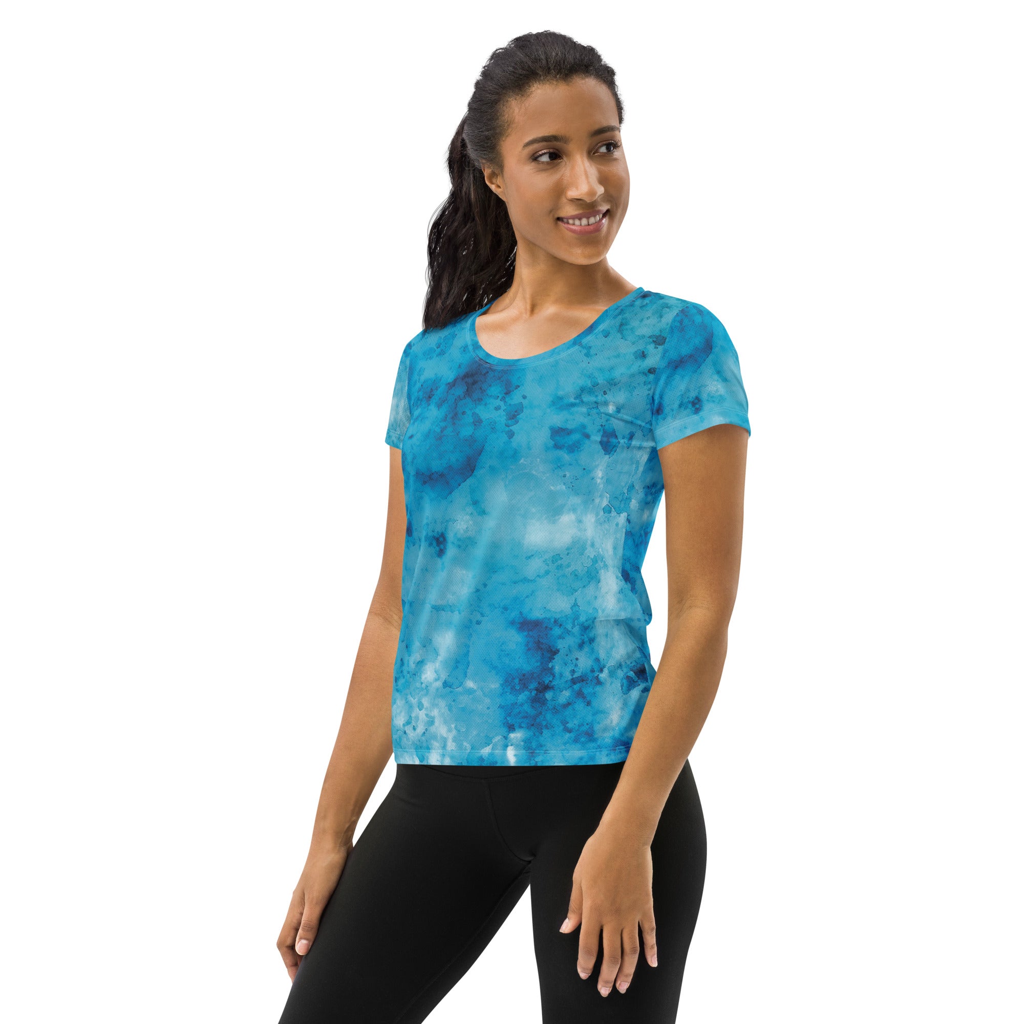 Women's Stretch Fit Athletic Sports T-shirt in blue marble print, showcasing its flexible fit and stylish design.