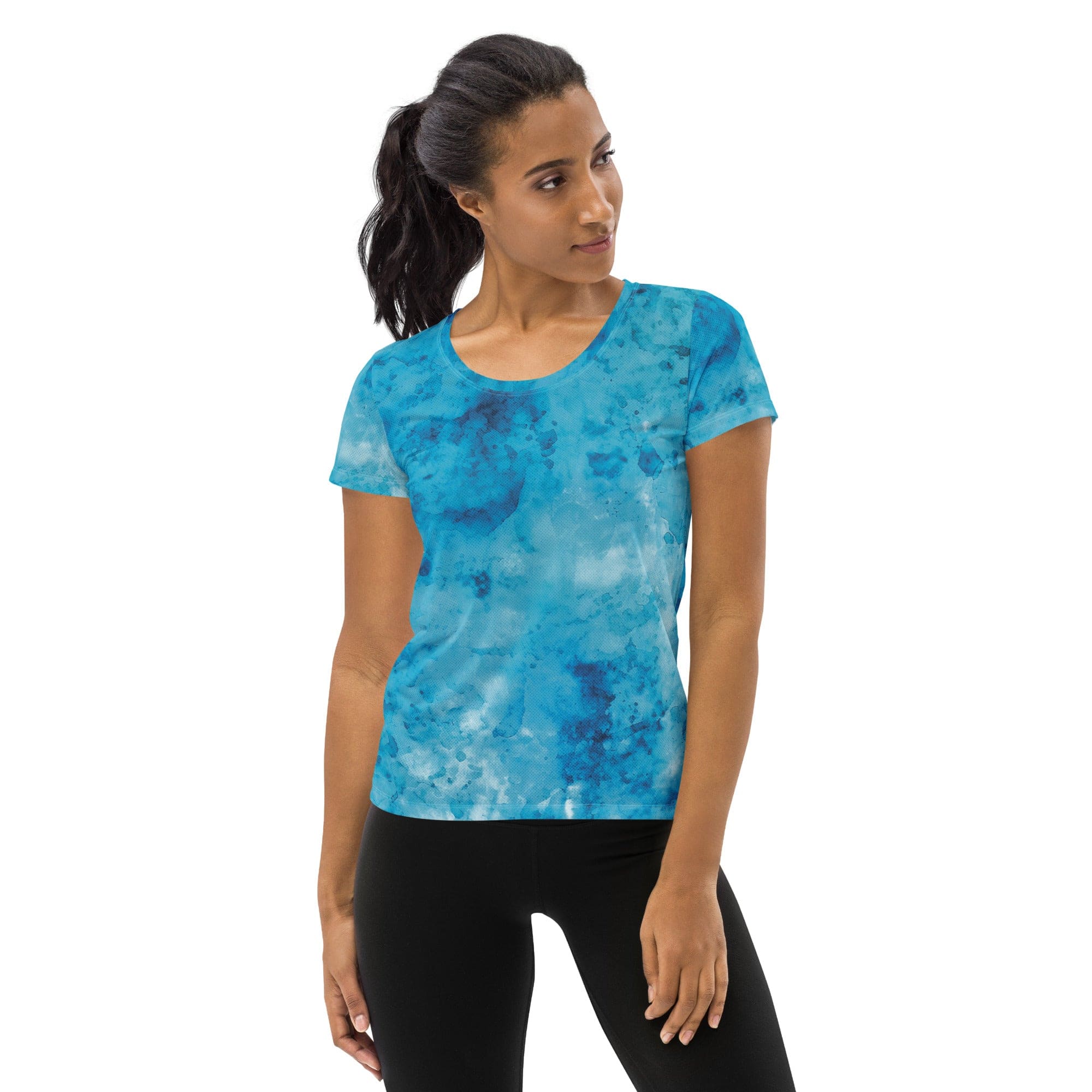 Women's Stretch Fit Athletic Sports T-shirt in blue marble print, showcasing its flexible fit and stylish design.