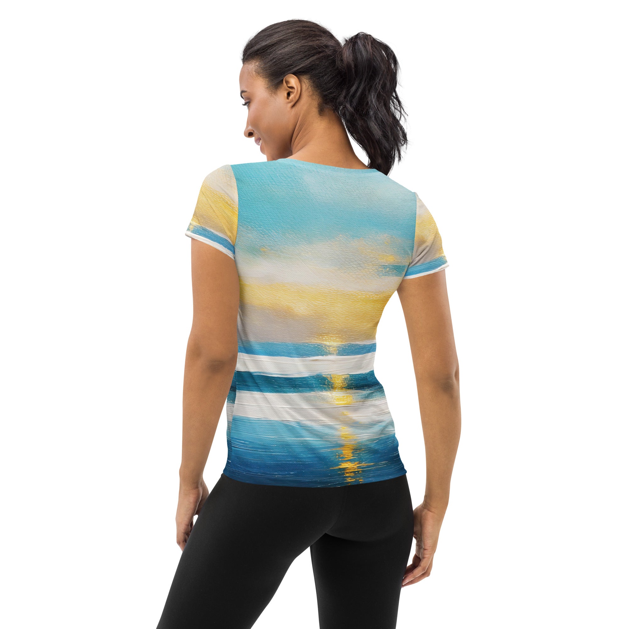 Women's Stretch Fit Athletic Sports T-shirt in Blue Ocean Golden Sunset print, showcasing a comfortable fit and stylish design.