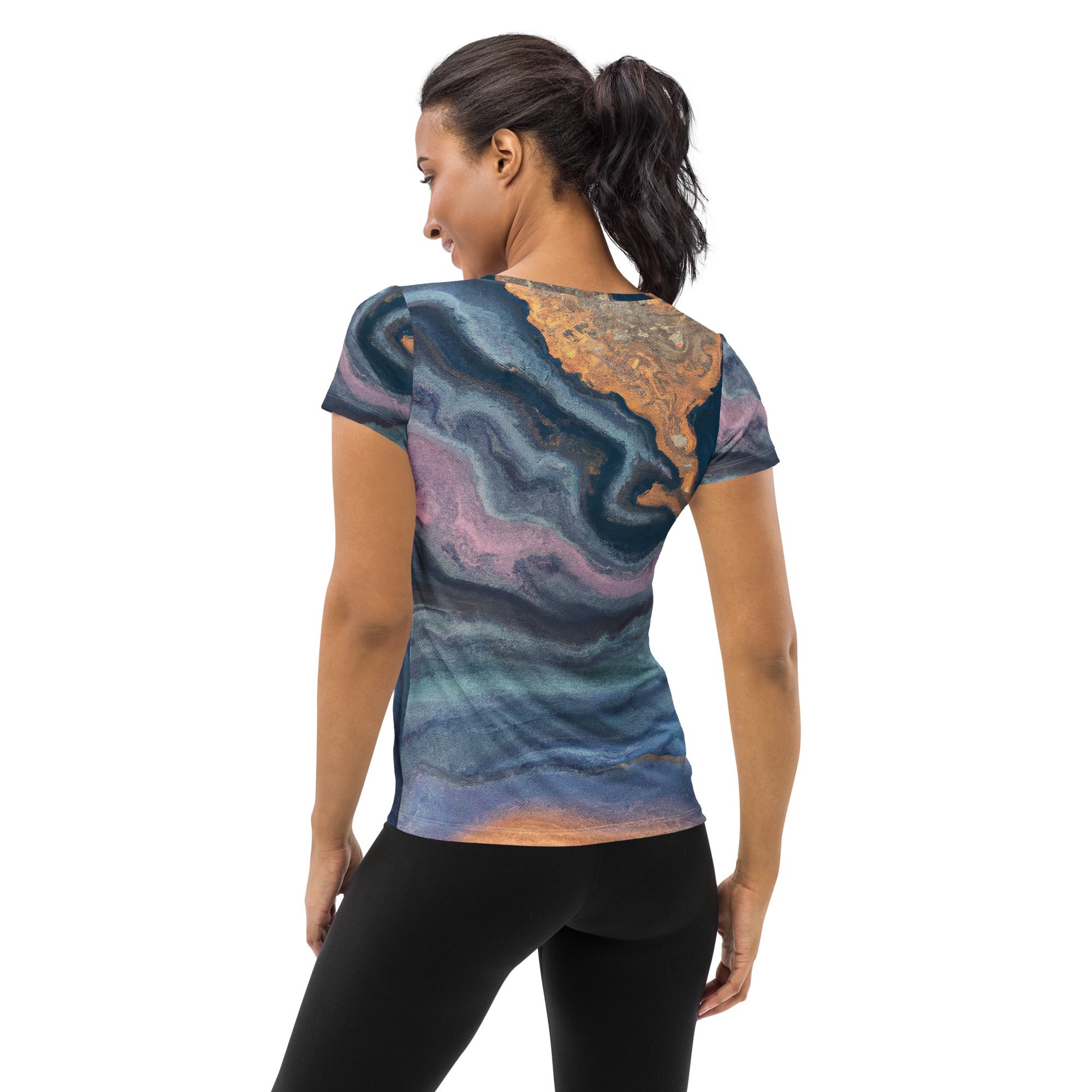 Women's Stretch Fit Athletic Sports T-shirt in blue pink marble swirl pattern, showcasing its soft fabric and athletic design.