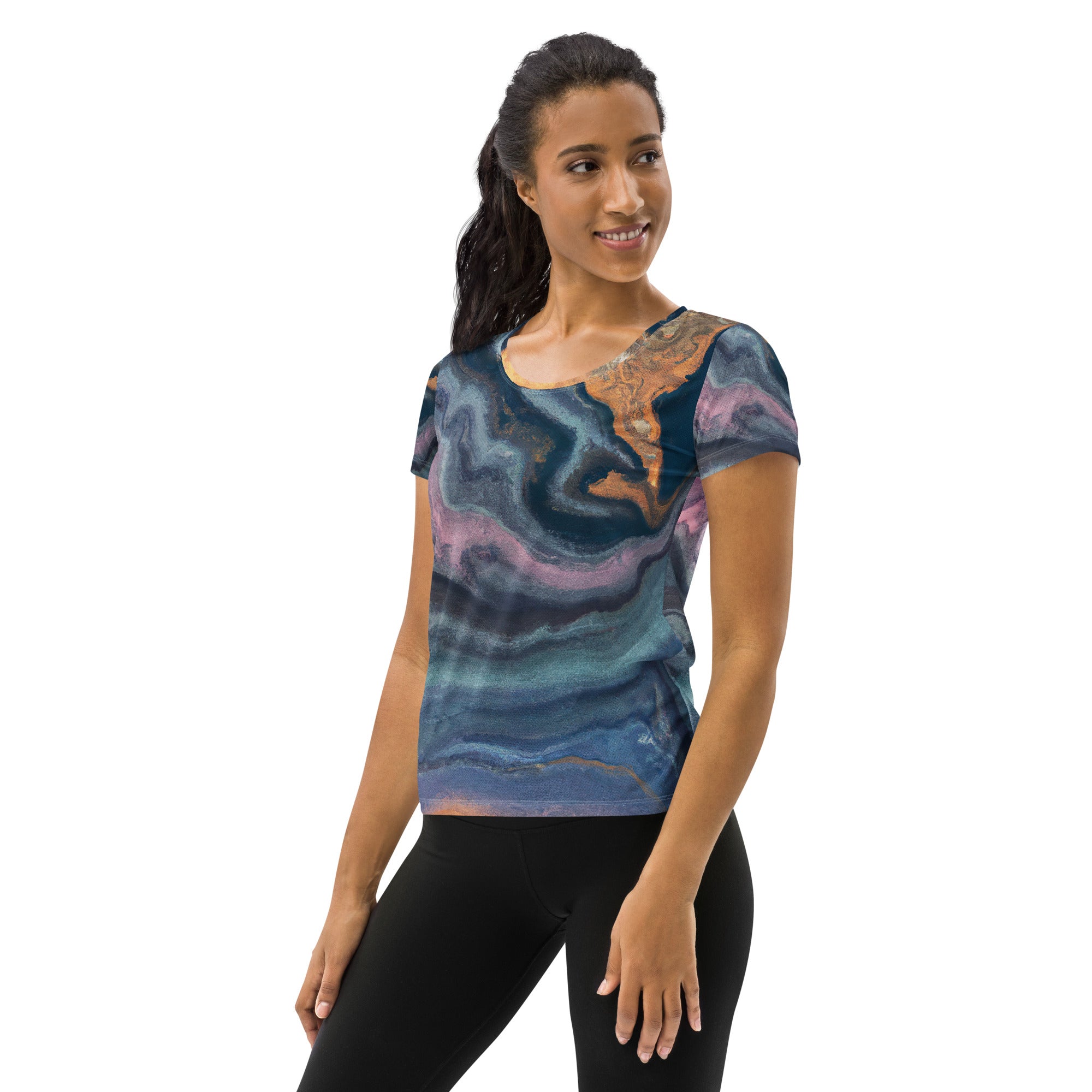 Women's Stretch Fit Athletic Sports T-shirt in blue pink marble swirl pattern, showcasing its soft fabric and athletic design.