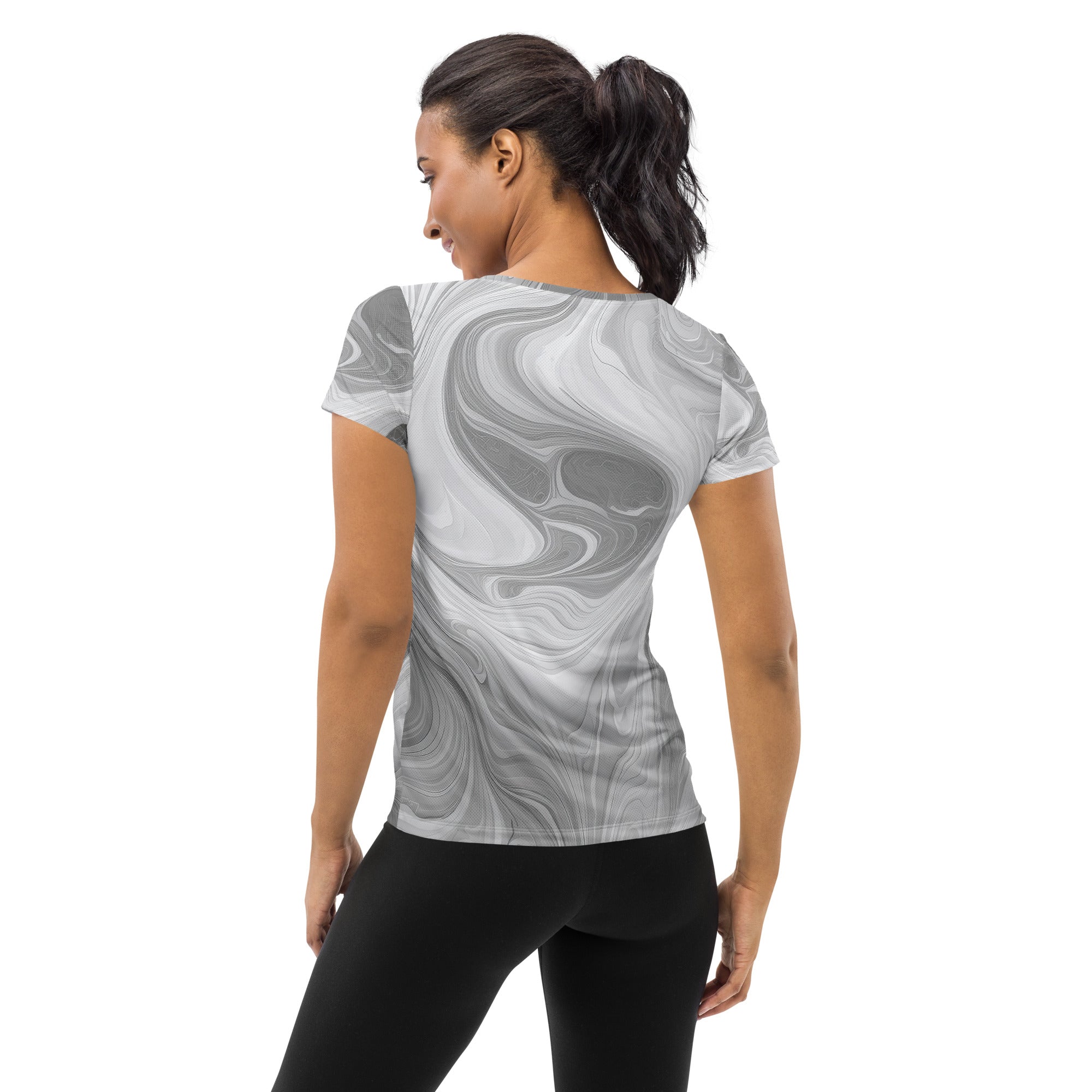 Women's Stretch Fit Athletic Sports T-shirt in Boho Marble pattern, featuring a white and grey design, ideal for workouts and casual wear.