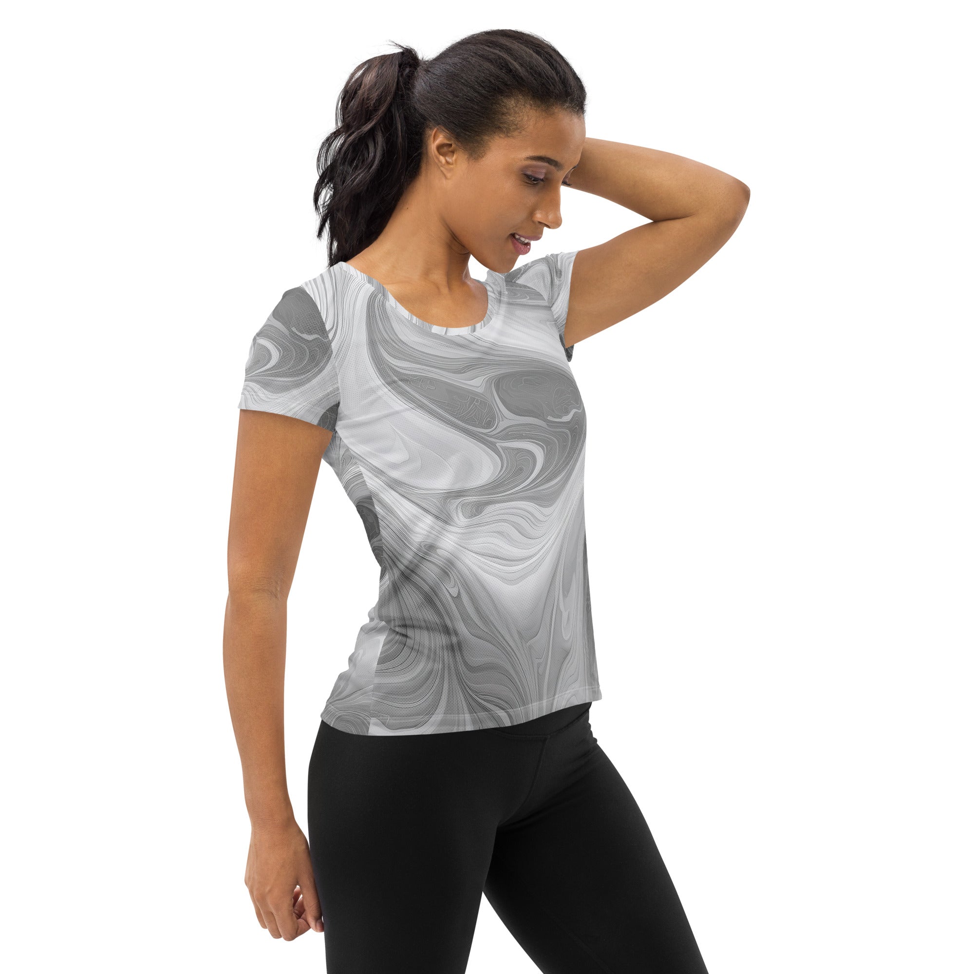 Women's Stretch Fit Athletic Sports T-shirt in Boho Marble pattern, featuring a white and grey design, ideal for workouts and casual wear.