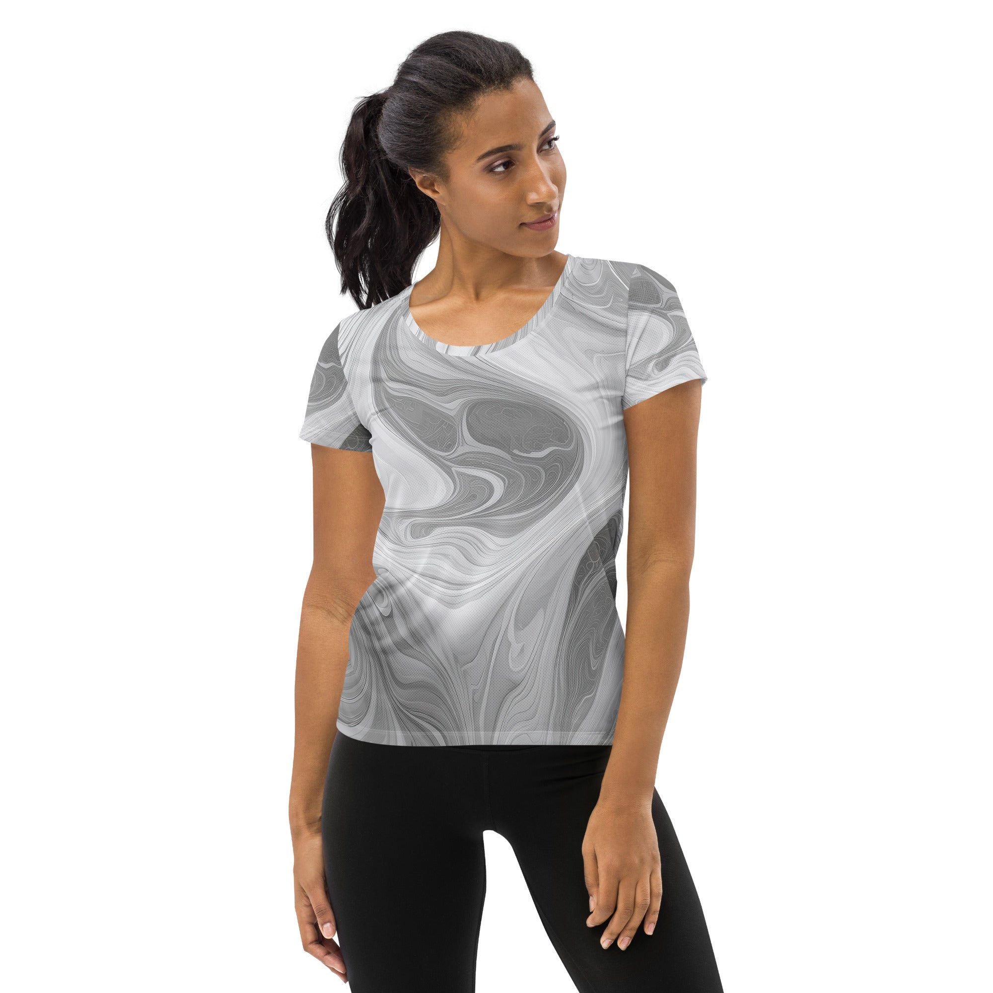 Women's Stretch Fit Athletic Sports T-shirt in Boho Marble pattern, featuring a white and grey design, ideal for workouts and casual wear.