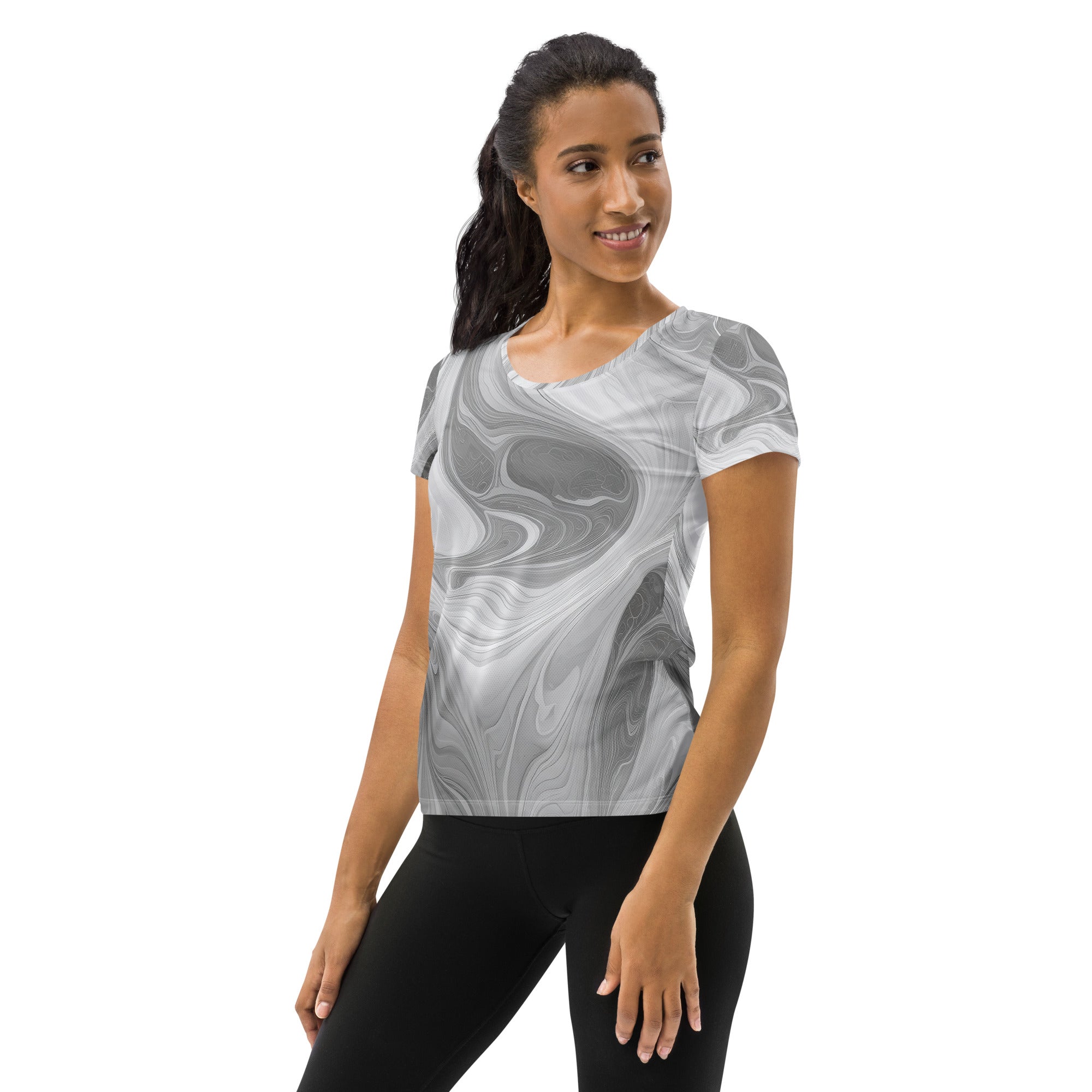 Women's Stretch Fit Athletic Sports T-shirt in Boho Marble pattern, featuring a white and grey design, ideal for workouts and casual wear.