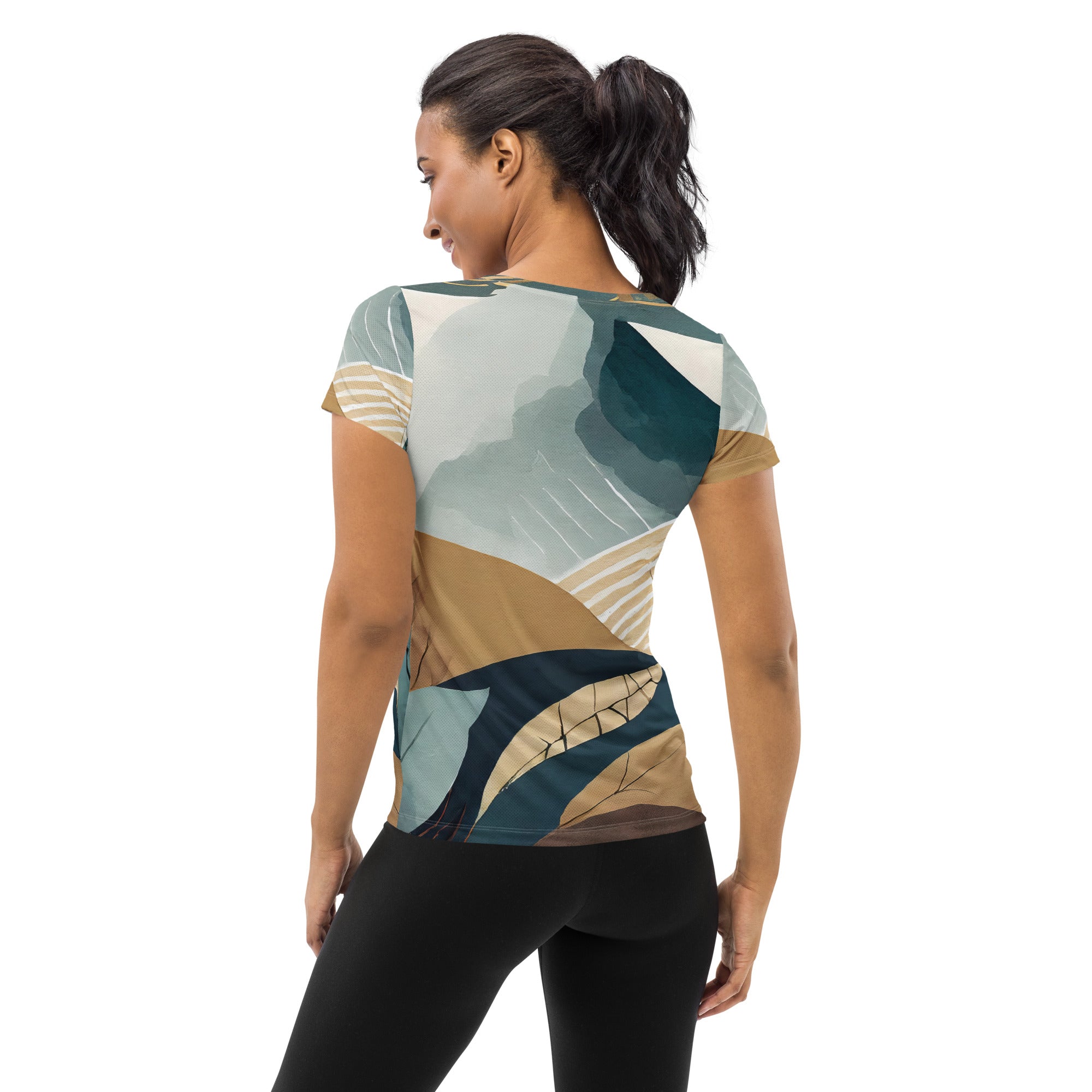 Women's Stretch Fit Athletic Sports T-shirt in Boho style print, showcasing a flexible fit and moisture-wicking fabric, perfect for workouts.