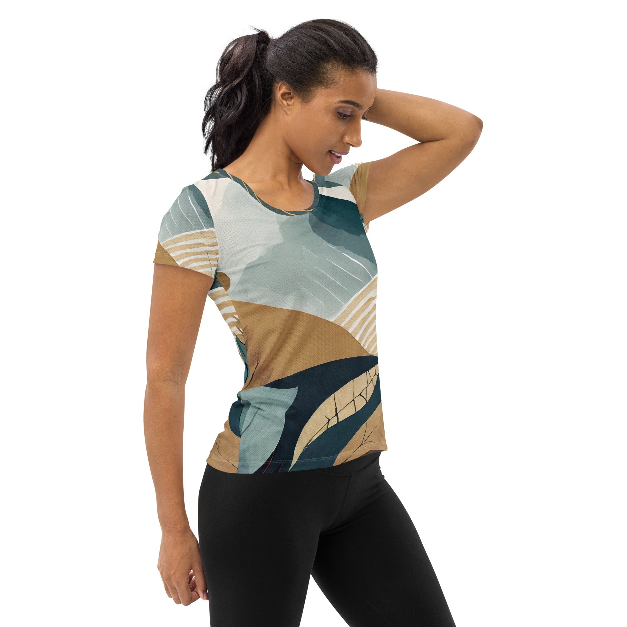 Women's Stretch Fit Athletic Sports T-shirt in Boho style print, showcasing a flexible fit and moisture-wicking fabric, perfect for workouts.