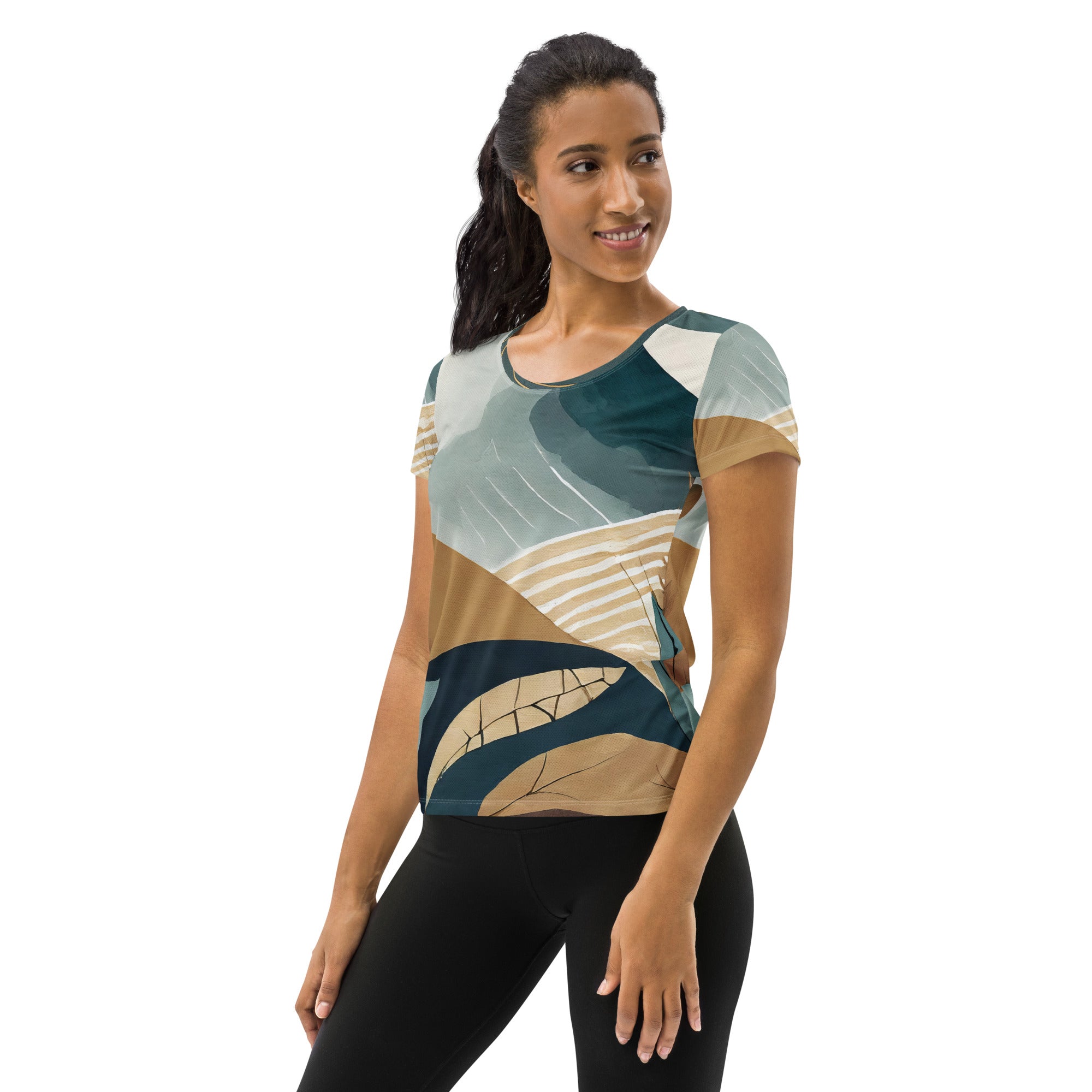 Women's Stretch Fit Athletic Sports T-shirt in Boho style print, showcasing a flexible fit and moisture-wicking fabric, perfect for workouts.