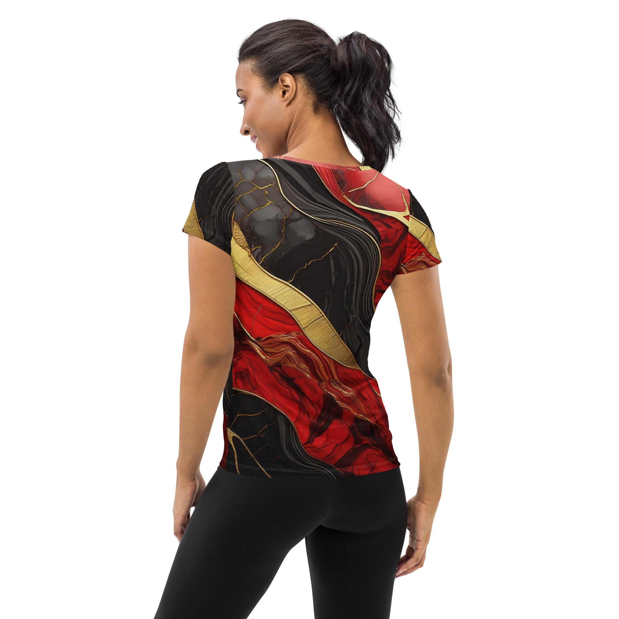 Women's Stretch Fit Athletic Sports T-shirt in Brick Red with Black and Gold Marble pattern, showcasing a comfortable and stylish design for workouts.