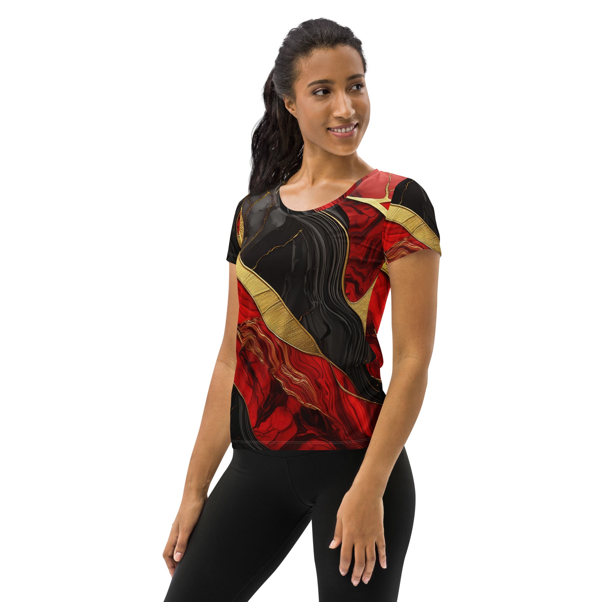 Women's Stretch Fit Athletic Sports T-shirt in Brick Red with Black and Gold Marble pattern, showcasing a comfortable and stylish design for workouts.