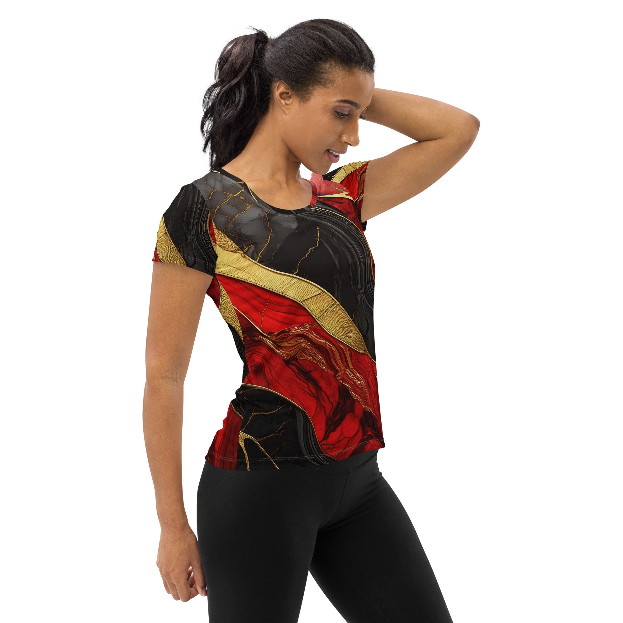 Women's Stretch Fit Athletic Sports T-shirt in Brick Red with Black and Gold Marble pattern, showcasing a comfortable and stylish design for workouts.