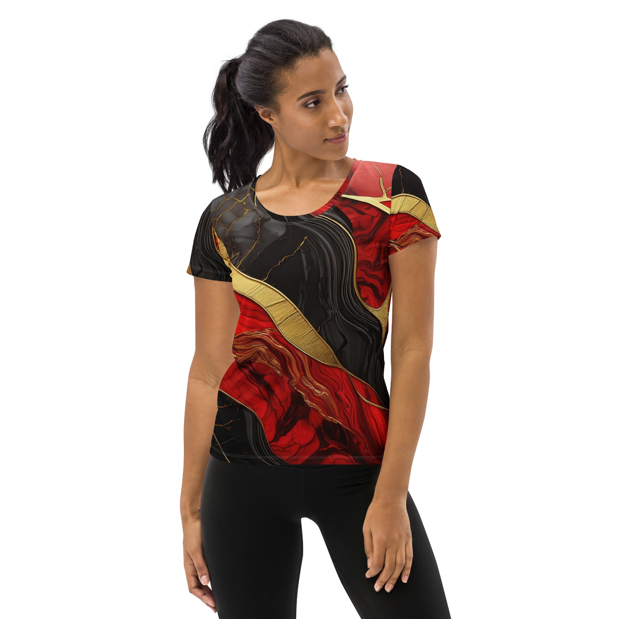 Women's Stretch Fit Athletic Sports T-shirt in Brick Red with Black and Gold Marble pattern, showcasing a comfortable and stylish design for workouts.