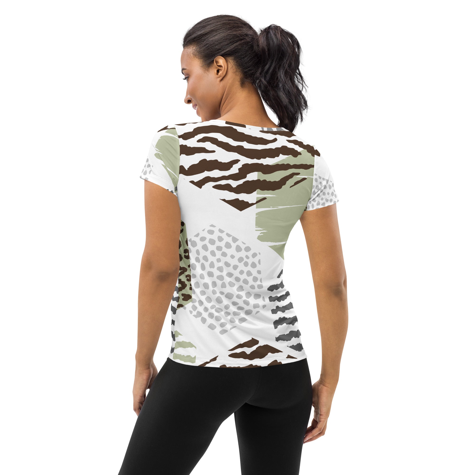 Women's Stretch Fit Athletic Sports T-shirt in brown, green, and grey with a hexagon pattern, designed for comfort and performance during workouts.