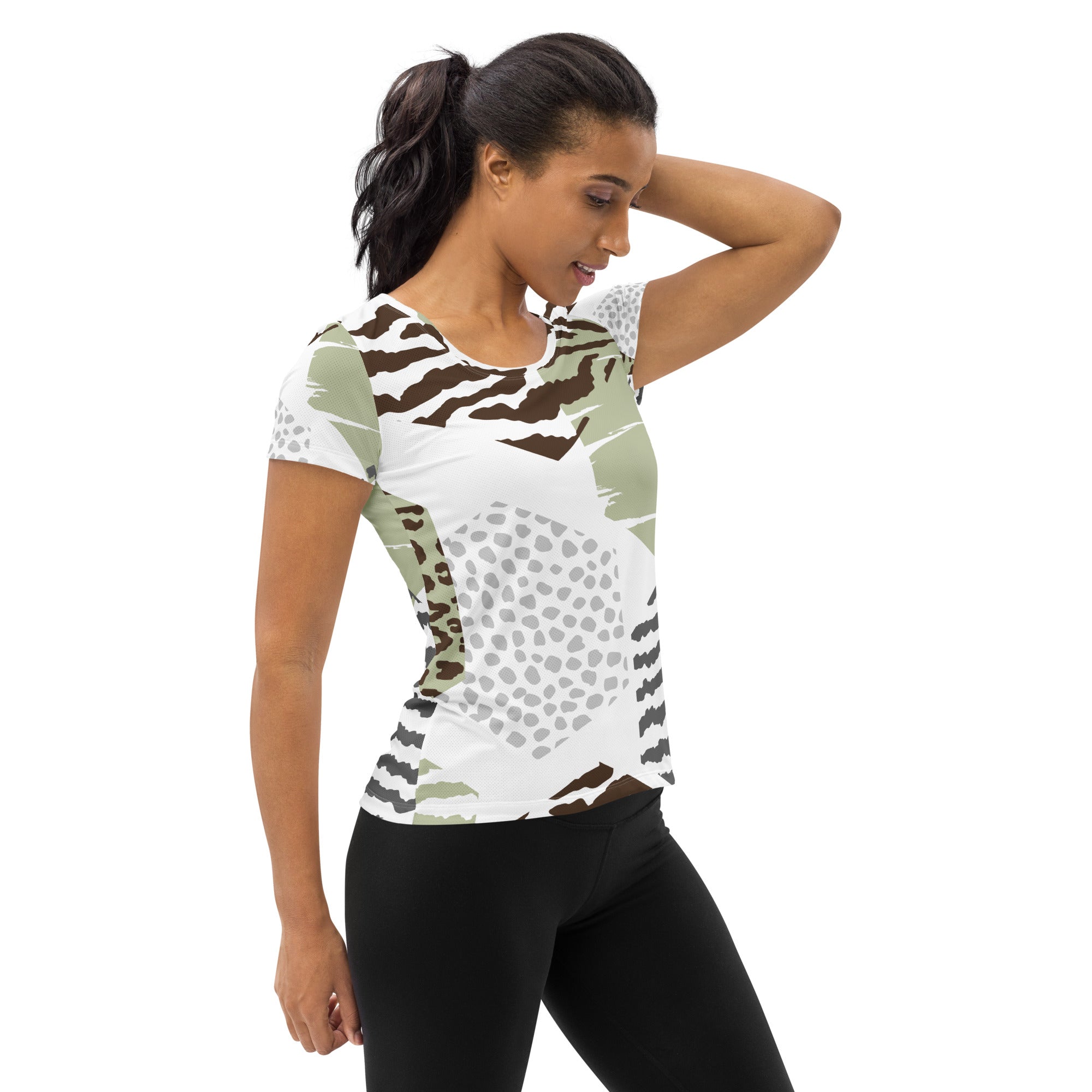 Women's Stretch Fit Athletic Sports T-shirt in brown, green, and grey with a hexagon pattern, designed for comfort and performance during workouts.