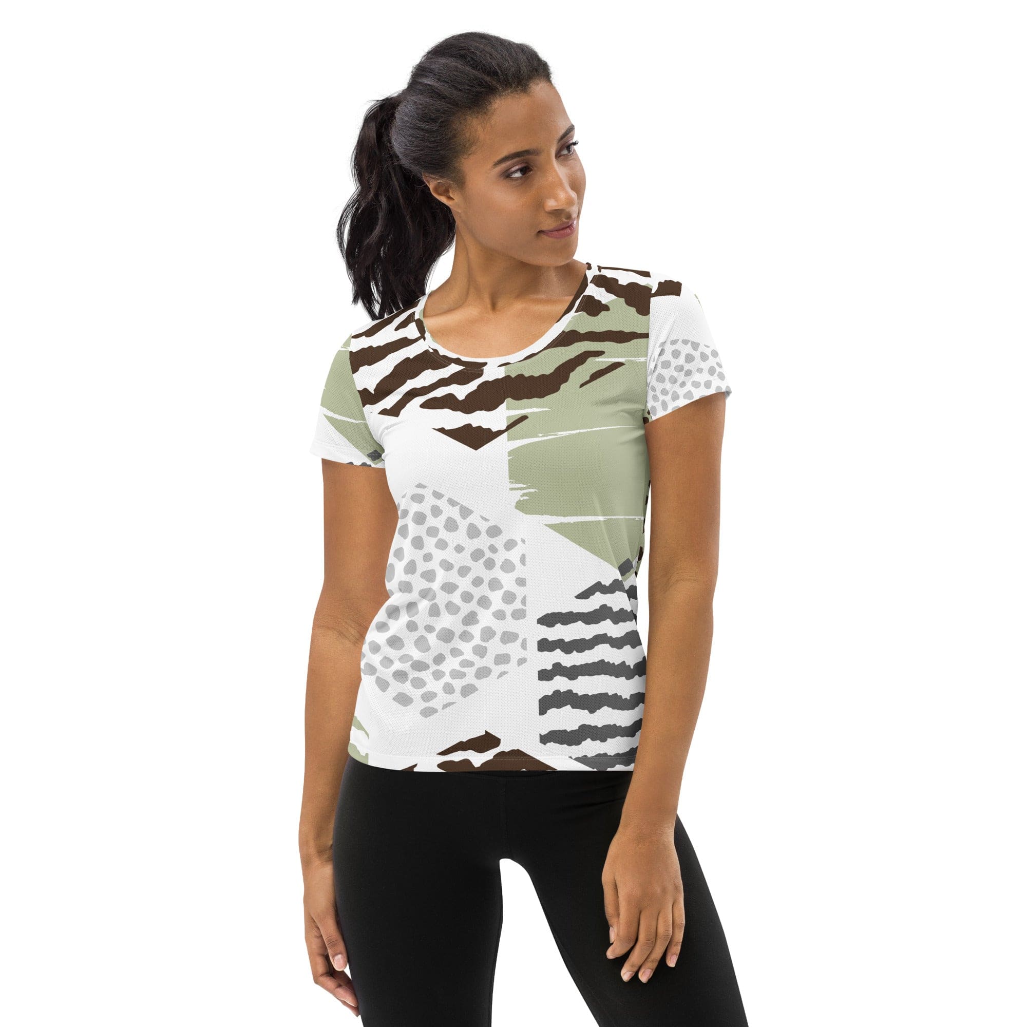 Women's Stretch Fit Athletic Sports T-shirt in brown, green, and grey with a hexagon pattern, designed for comfort and performance during workouts.