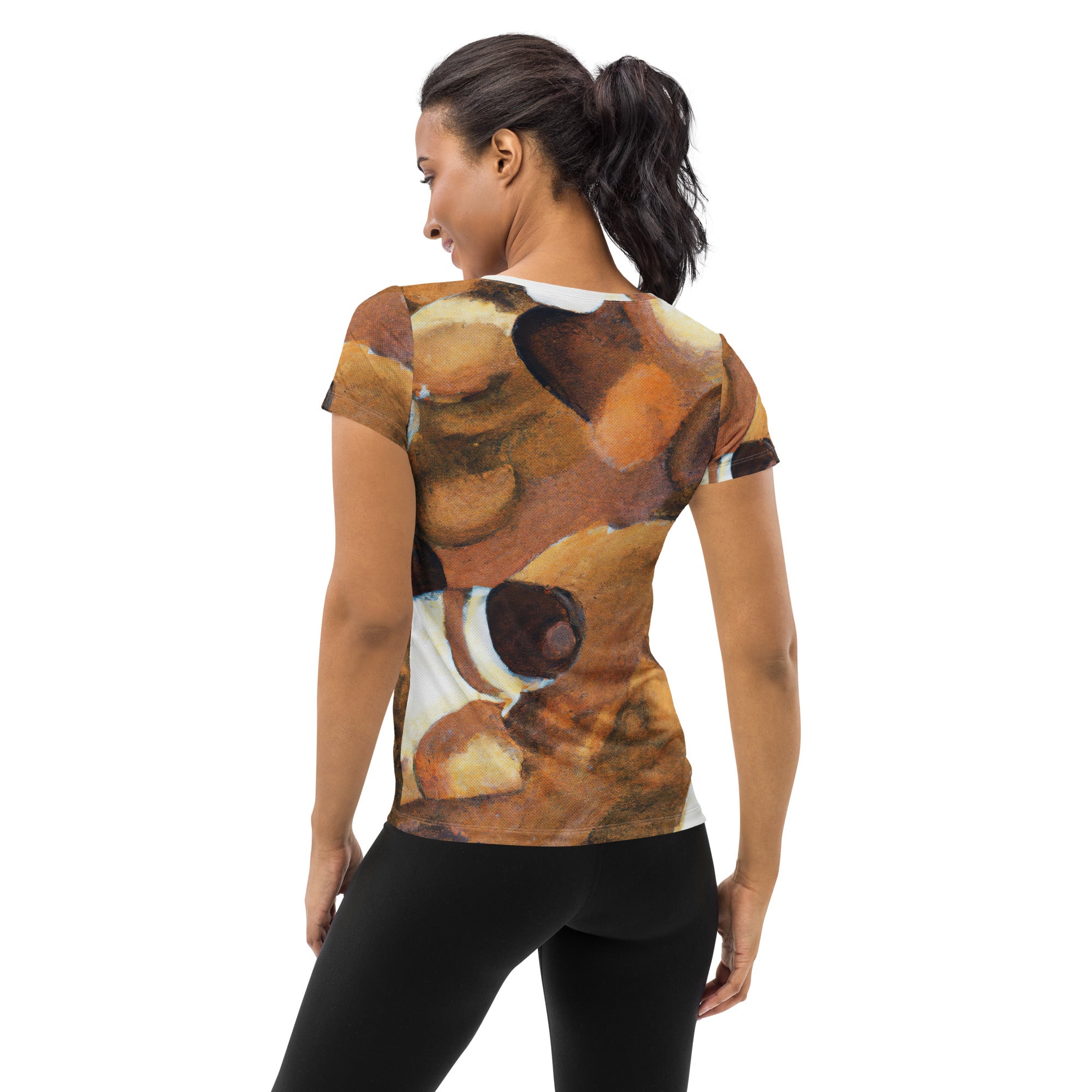 Women's Stretch Fit Athletic Sports T-shirt in brown and white stone pattern, showcasing its stylish design and flexible fit.