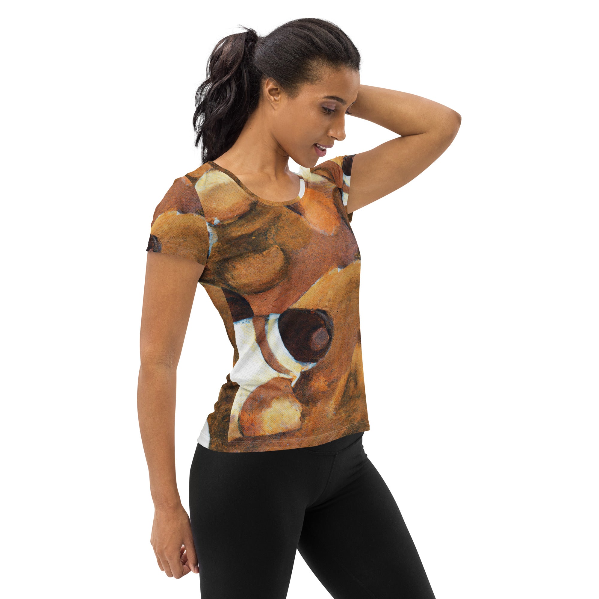 Women's Stretch Fit Athletic Sports T-shirt in brown and white stone pattern, showcasing its stylish design and flexible fit.