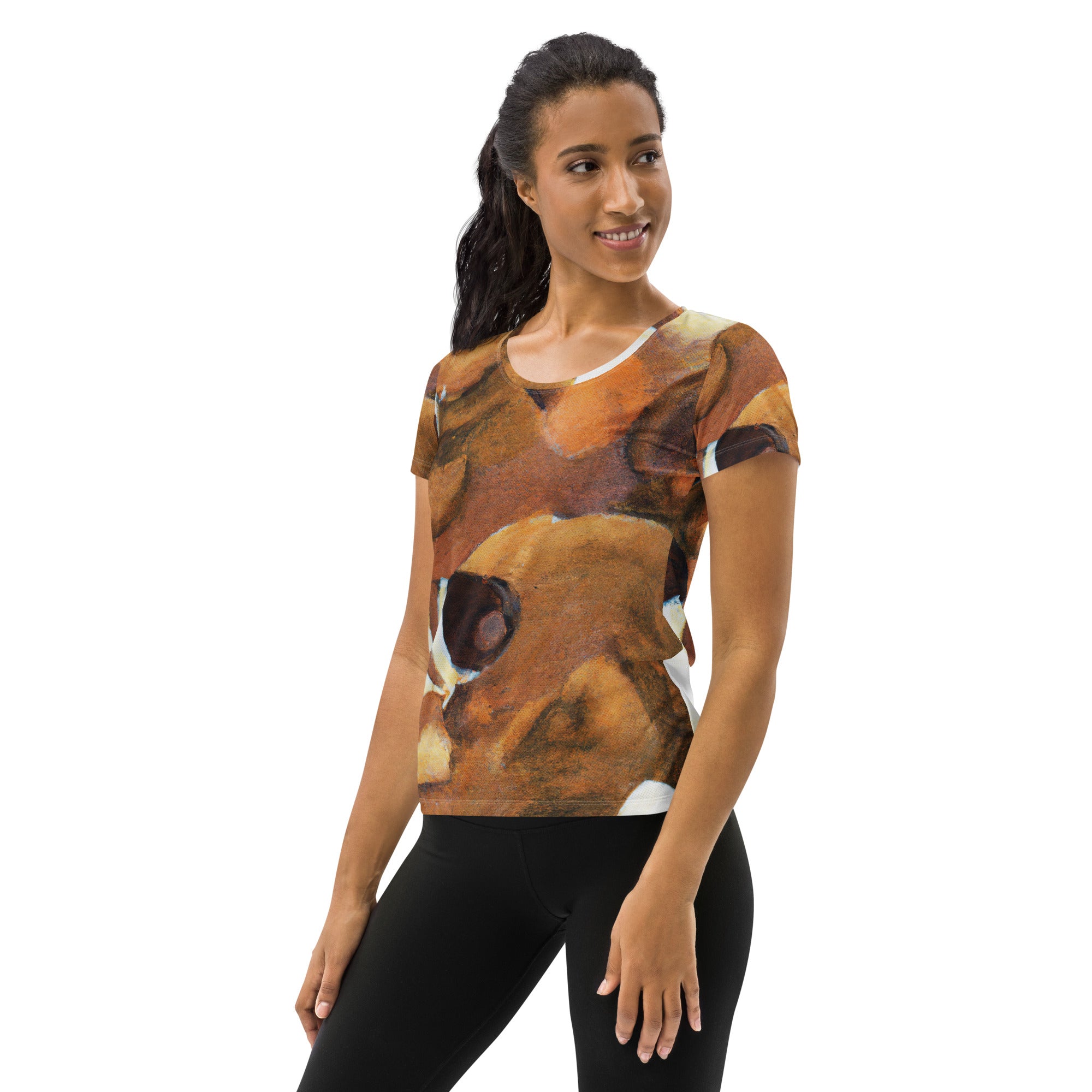 Women's Stretch Fit Athletic Sports T-shirt in brown and white stone pattern, showcasing its stylish design and flexible fit.