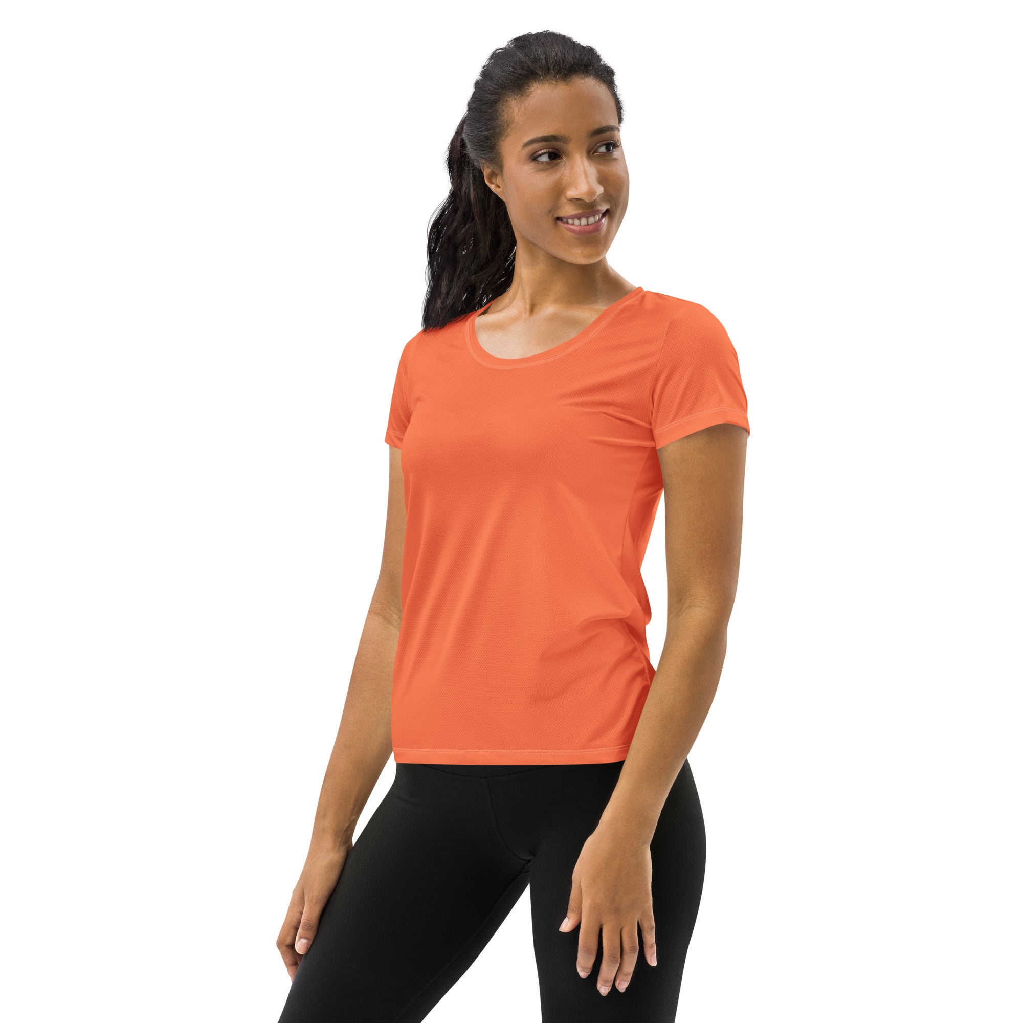 Women's Stretch Fit Athletic Sports T-shirt in Coral Orange Red, showcasing its flexible fit and stylish design.