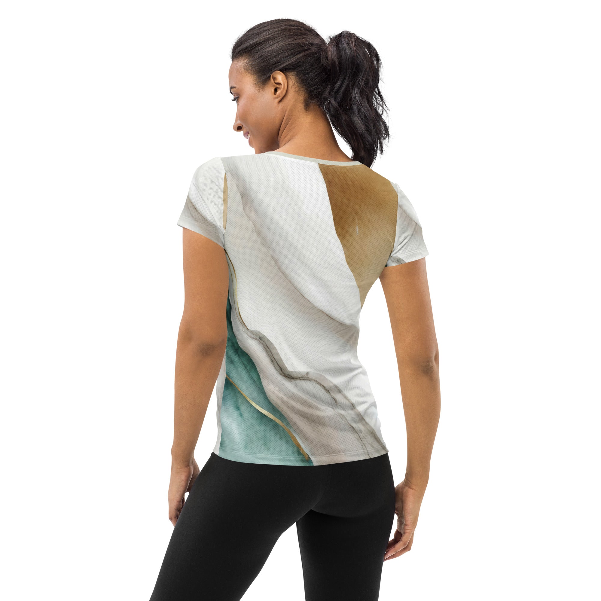 Women's Stretch Fit Athletic Sports T-shirt in Cream White Green Marbled, showcasing its soft fabric and athletic design.