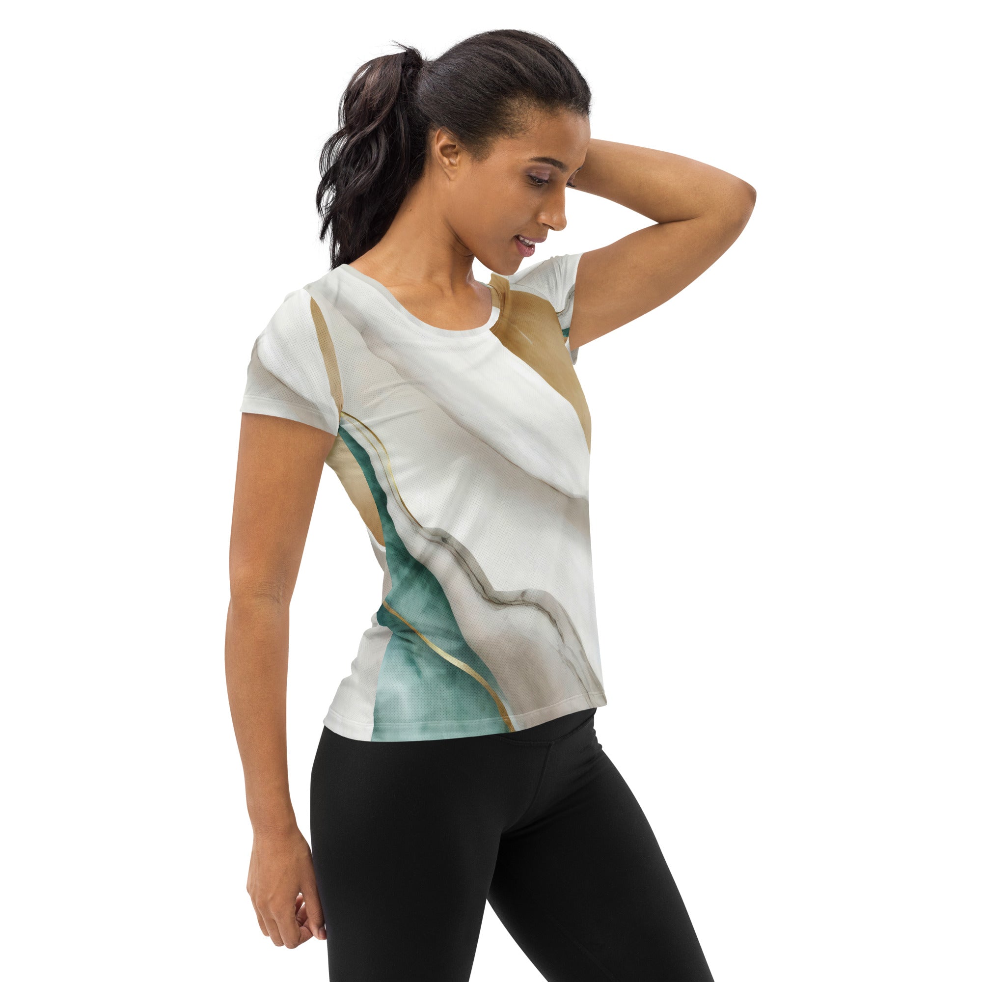 Women's Stretch Fit Athletic Sports T-shirt in Cream White Green Marbled, showcasing its soft fabric and athletic design.