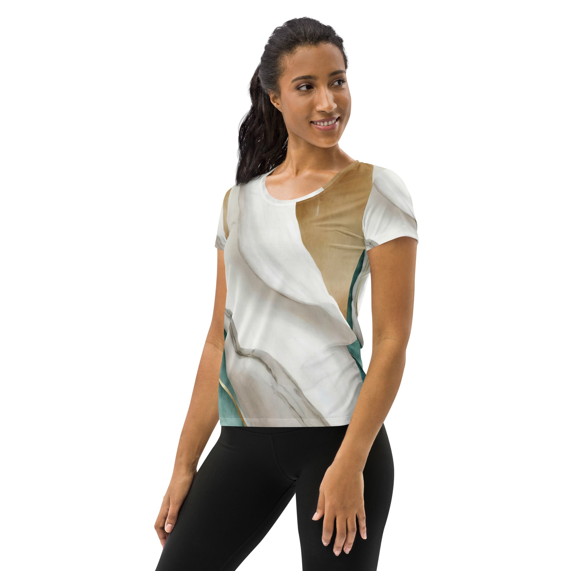 Women's Stretch Fit Athletic Sports T-shirt in Cream White Green Marbled, showcasing its soft fabric and athletic design.