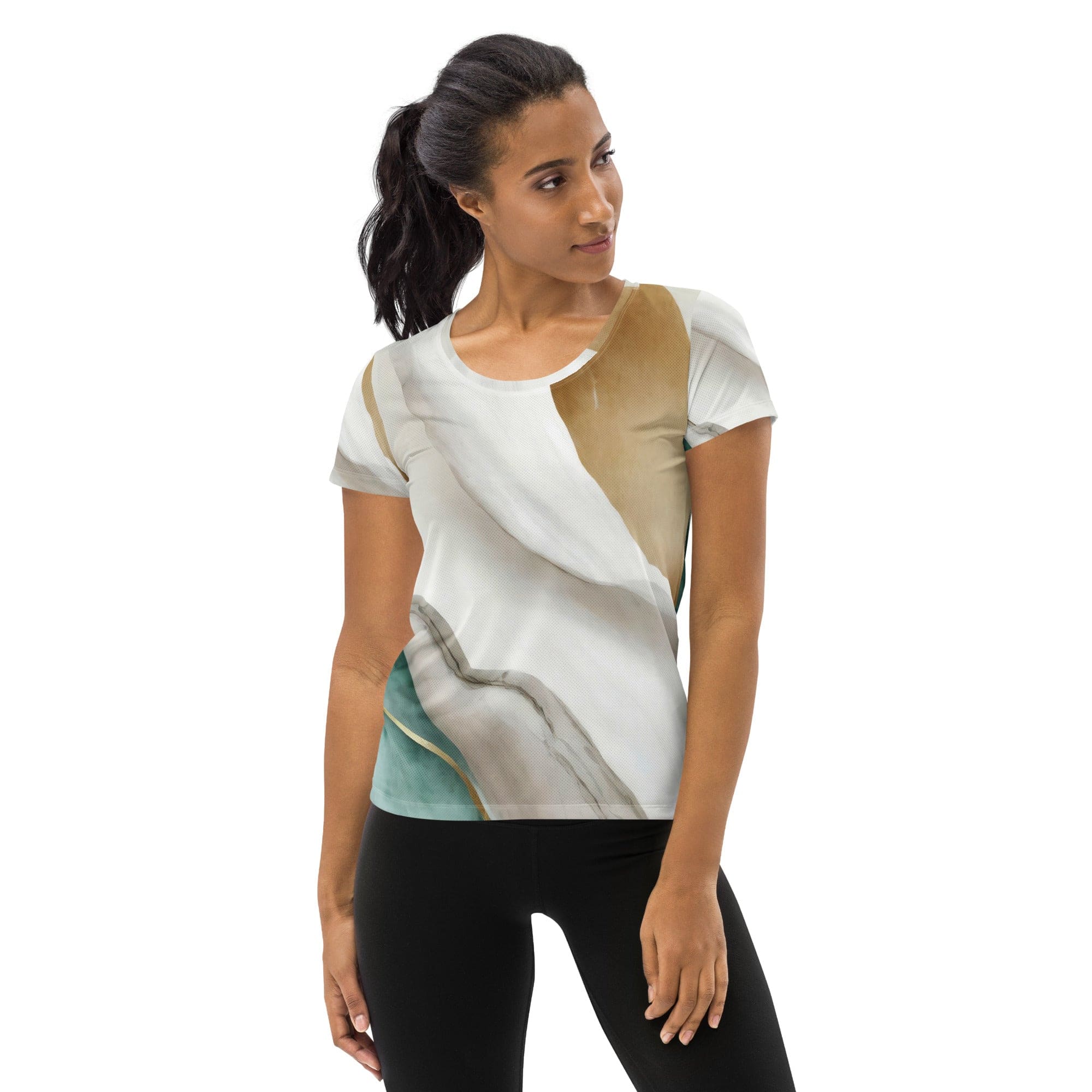 Women's Stretch Fit Athletic Sports T-shirt in Cream White Green Marbled, showcasing its soft fabric and athletic design.