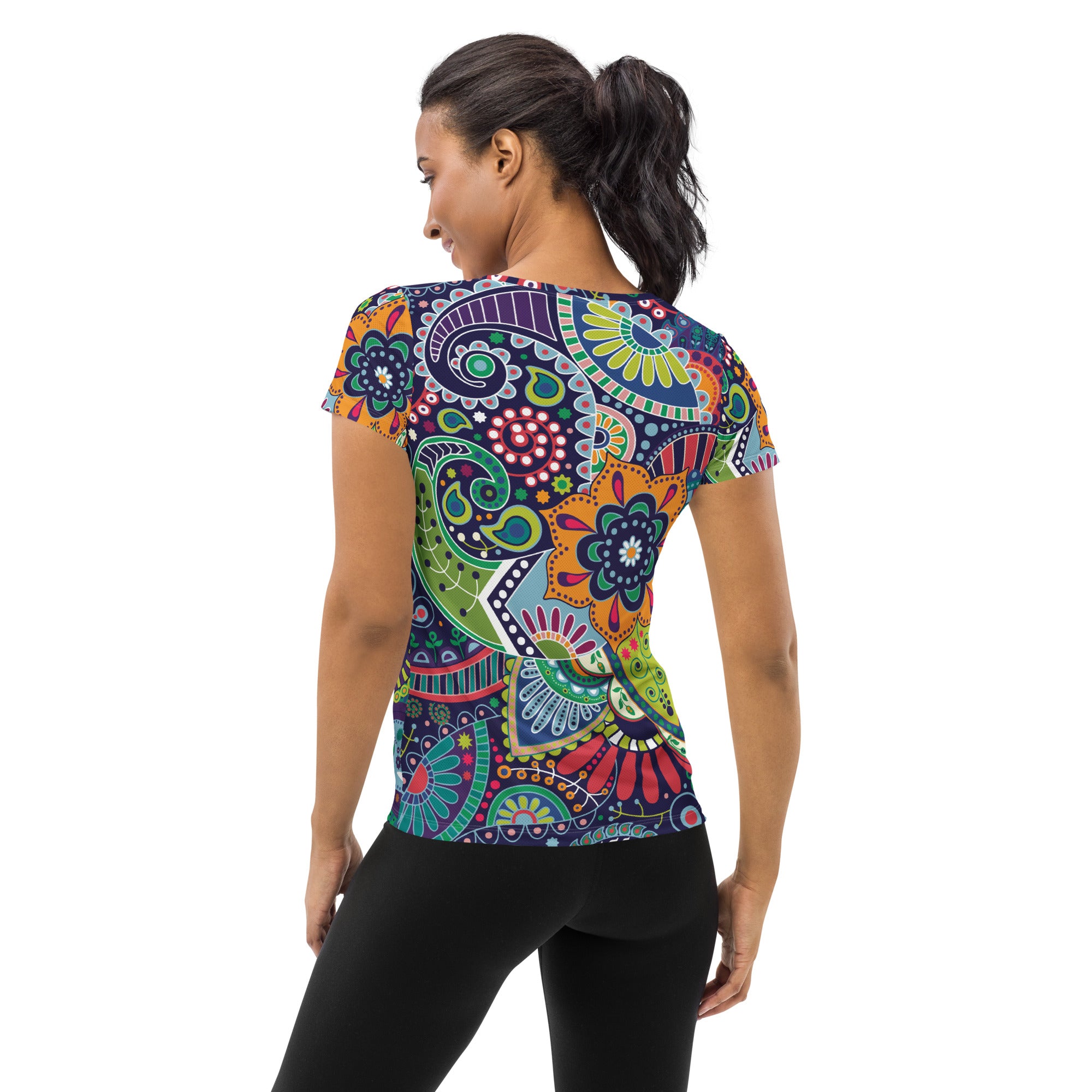 Women's Stretch Fit Athletic Sports T-shirt in Floral Paisley design, showcasing its vibrant colors and comfortable fit.