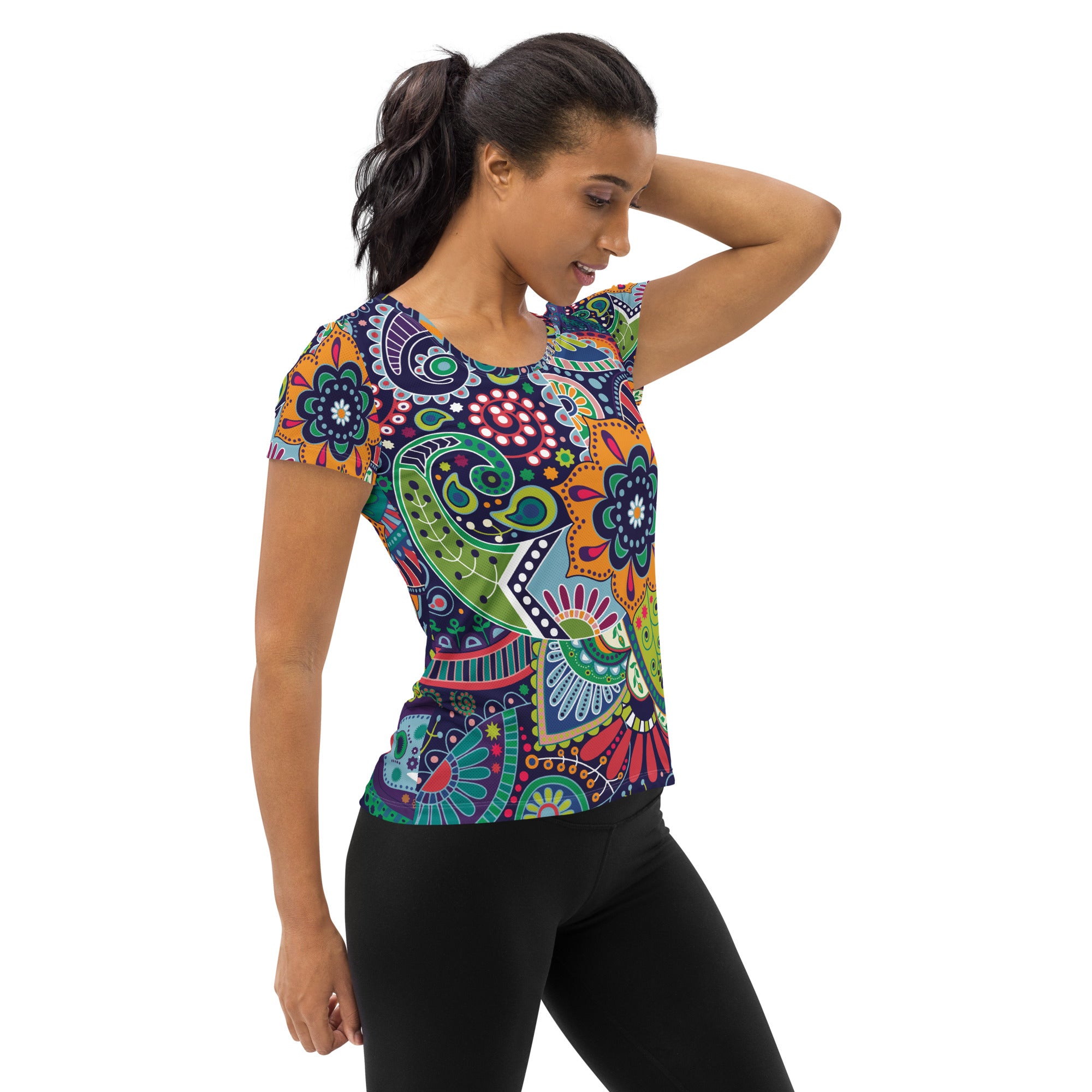 Women's Stretch Fit Athletic Sports T-shirt in Floral Paisley design, showcasing its vibrant colors and comfortable fit.