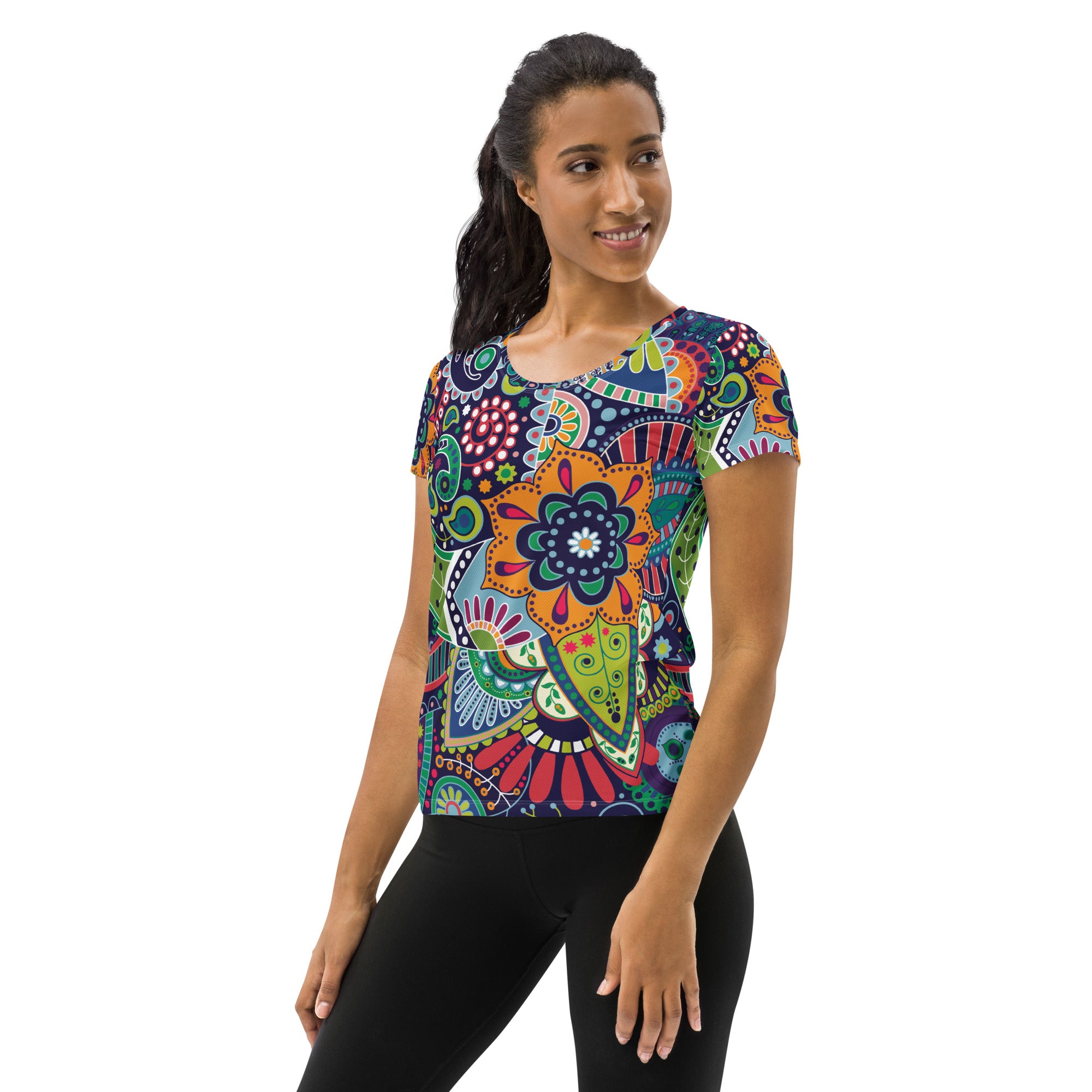 Women's Stretch Fit Athletic Sports T-shirt in Floral Paisley design, showcasing its vibrant colors and comfortable fit.