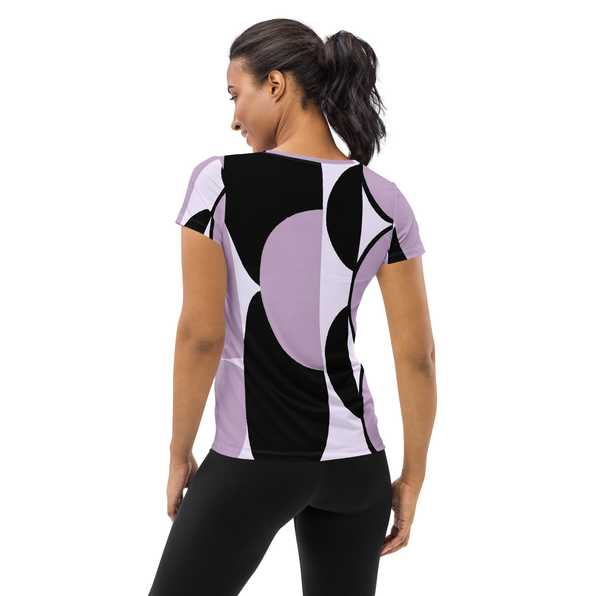 Women's Stretch Fit Athletic Sports T-shirt in Geometric Lavender featuring a stylish lavender and black pattern, designed for comfort and performance.