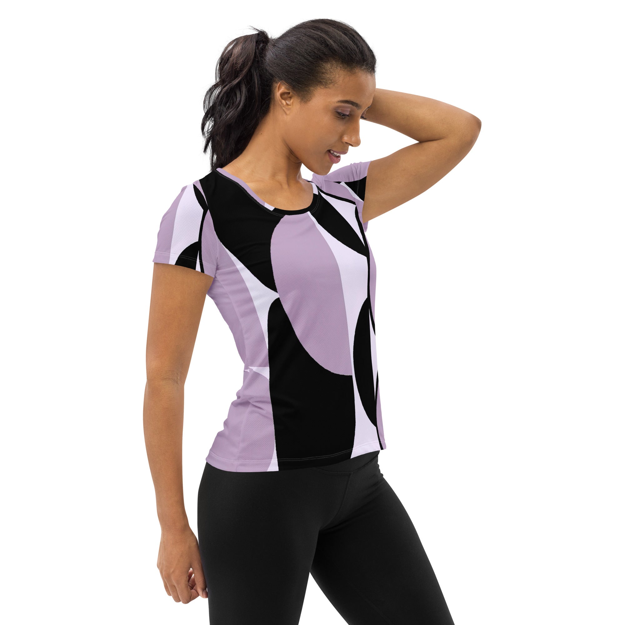 Women's Stretch Fit Athletic Sports T-shirt in Geometric Lavender featuring a stylish lavender and black pattern, designed for comfort and performance.