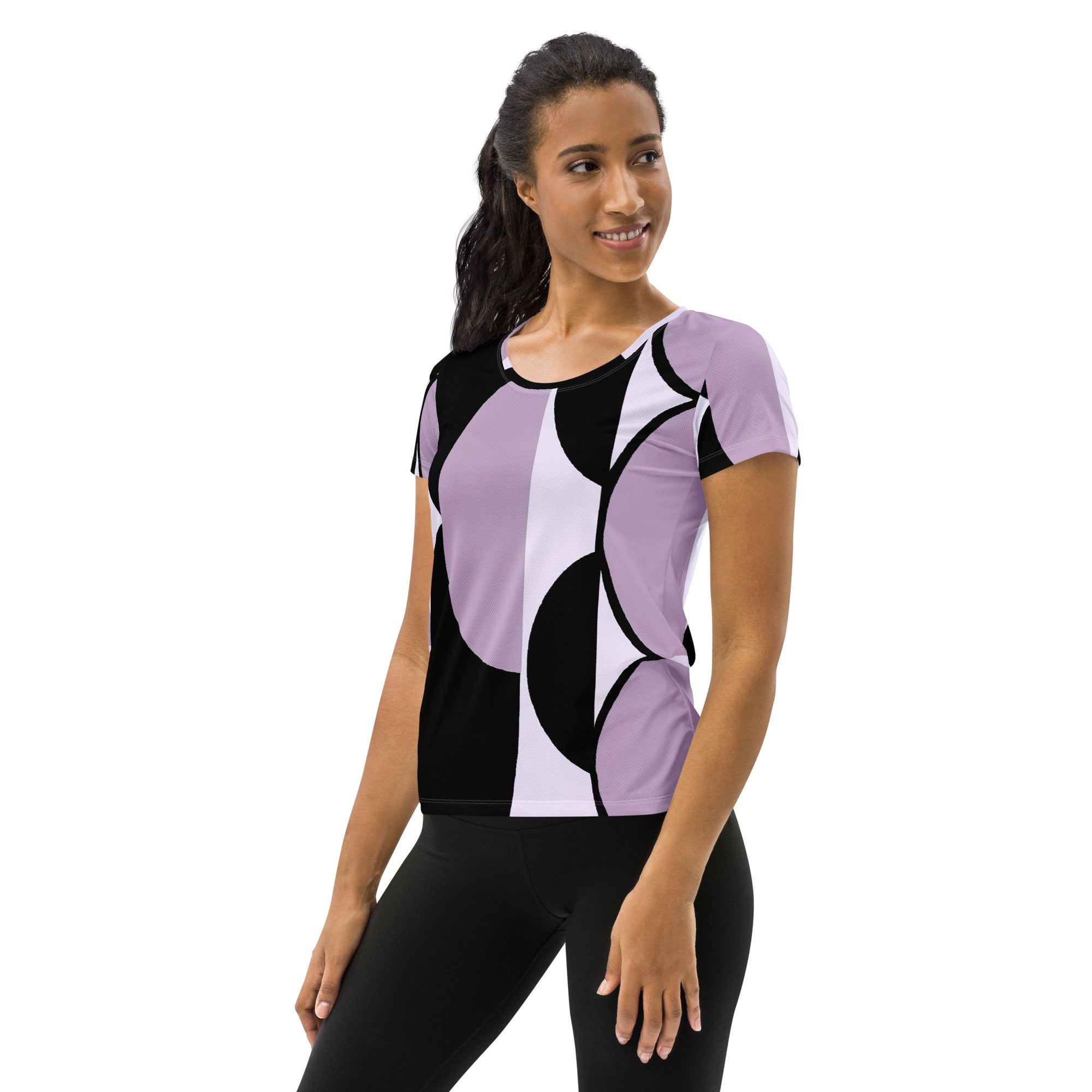 Women's Stretch Fit Athletic Sports T-shirt in Geometric Lavender featuring a stylish lavender and black pattern, designed for comfort and performance.