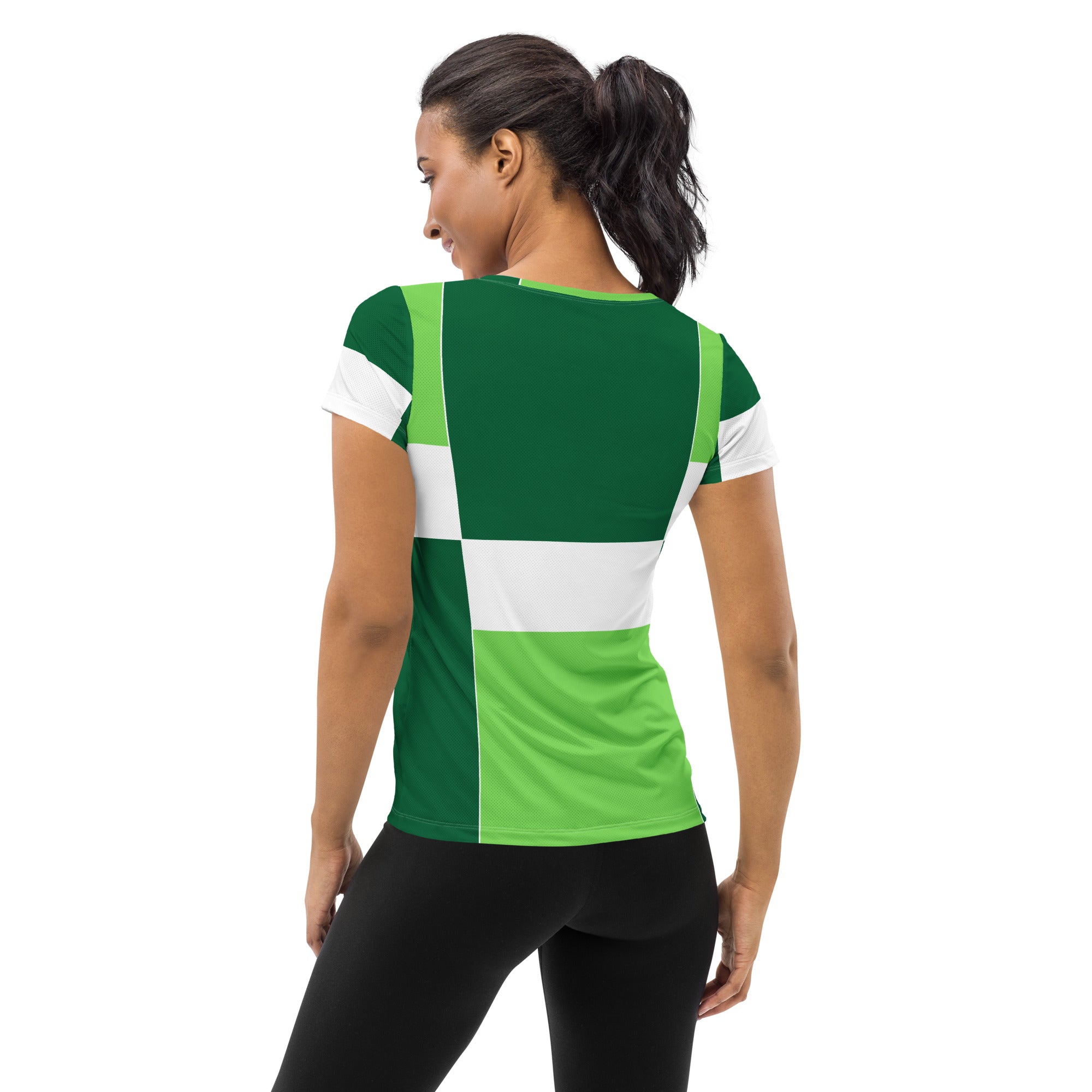 Women's Stretch Fit Athletic Sports T-shirt in Lime Forest Irish Green colorblock, showcasing a comfortable fit and stylish design.