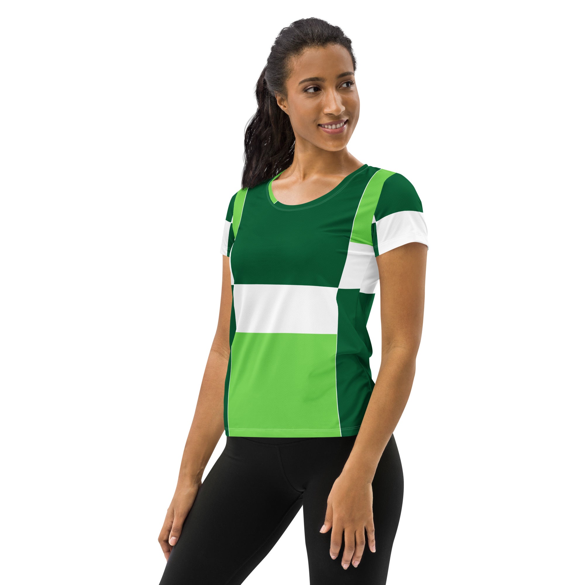 Women's Stretch Fit Athletic Sports T-shirt in Lime Forest Irish Green colorblock, showcasing a comfortable fit and stylish design.