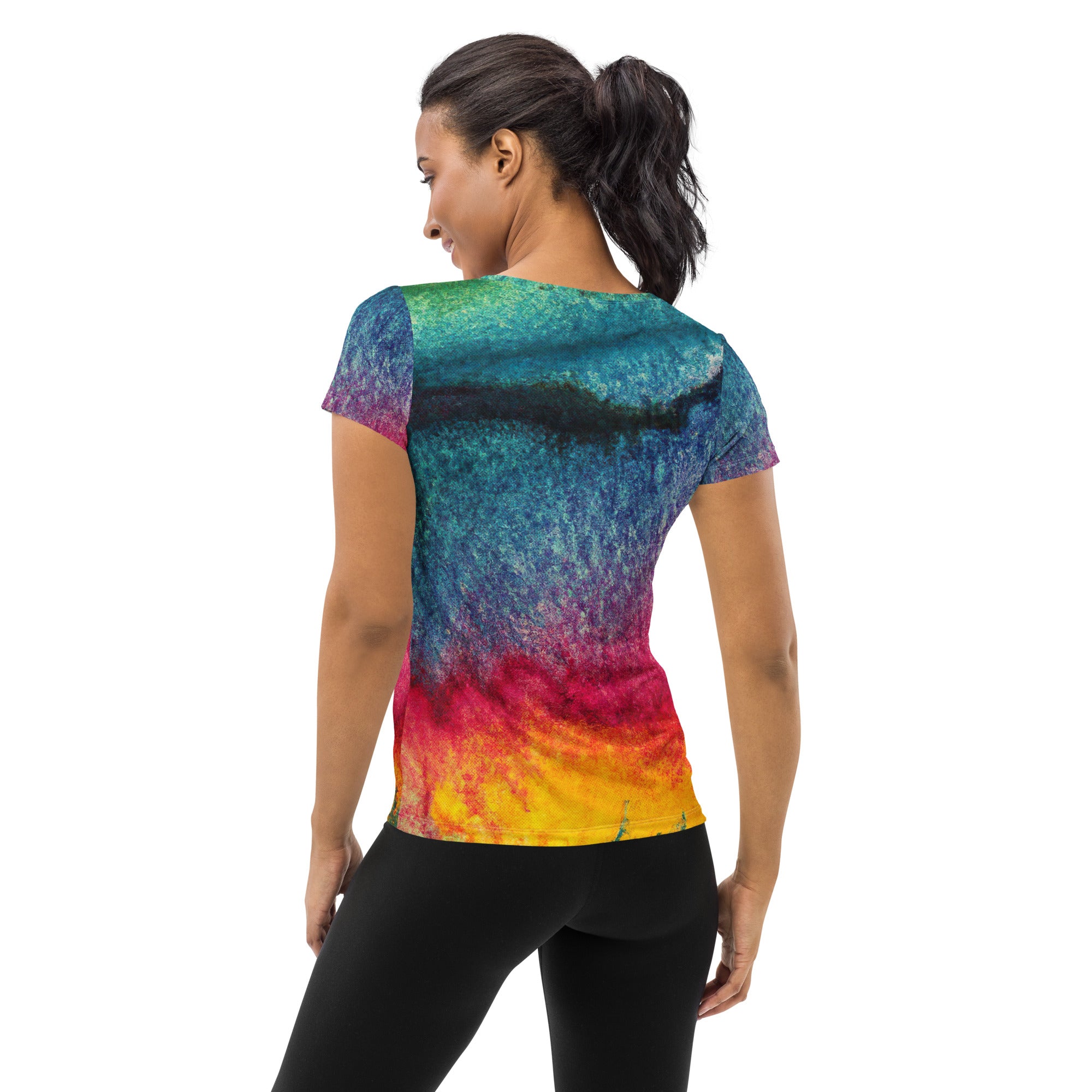 Women's Stretch Fit Athletic Sports T-shirt in multicolor abstract pattern, showcasing its soft fabric and athletic design.