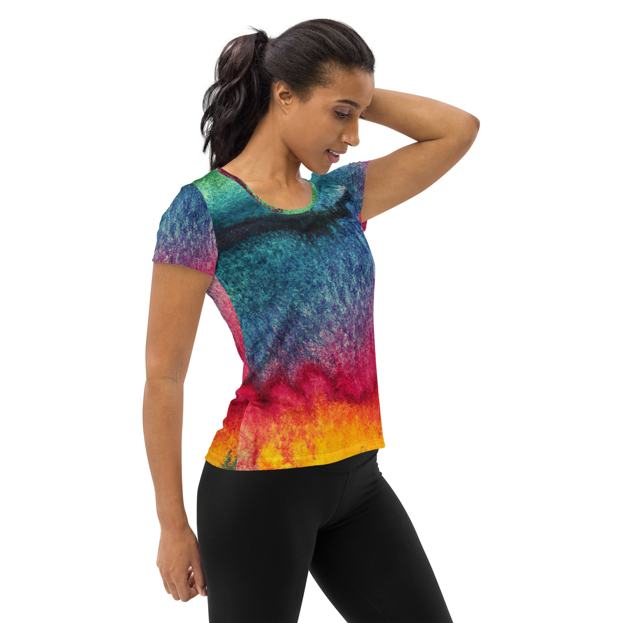 Women's Stretch Fit Athletic Sports T-shirt in multicolor abstract pattern, showcasing its soft fabric and athletic design.