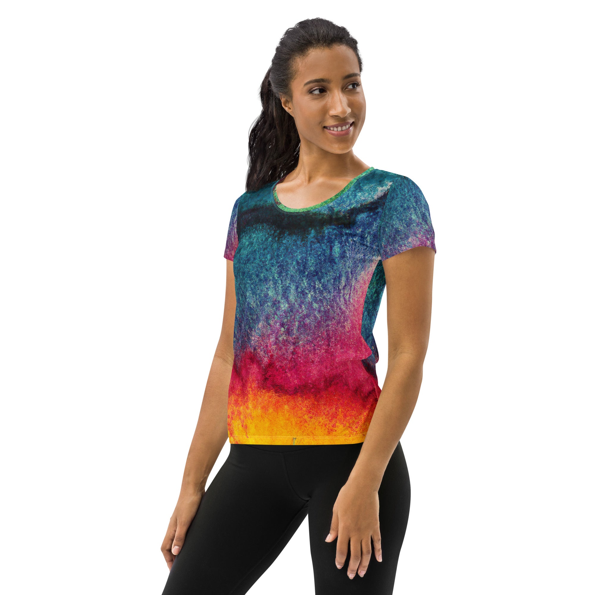 Women's Stretch Fit Athletic Sports T-shirt in multicolor abstract pattern, showcasing its soft fabric and athletic design.