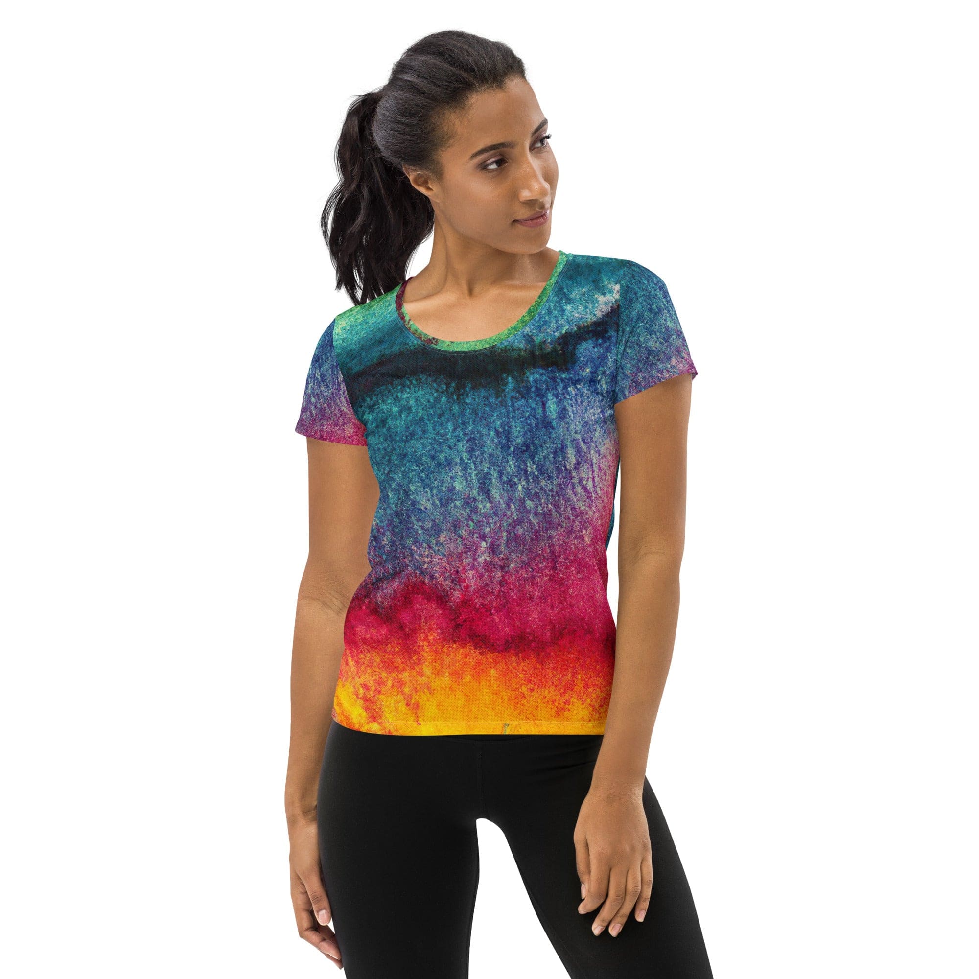 Women's Stretch Fit Athletic Sports T-shirt in multicolor abstract pattern, showcasing its soft fabric and athletic design.