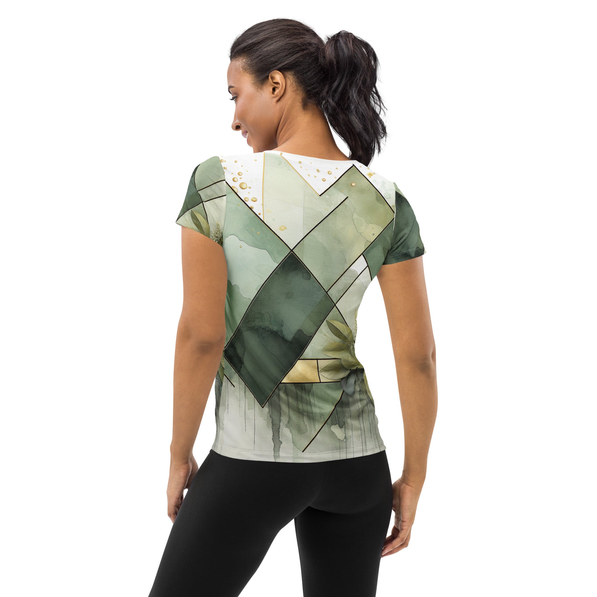 Women's Stretch Fit Athletic Sports T-shirt in Olive Green Mint Leaf with geometric print, showcasing its soft fabric and athletic design.