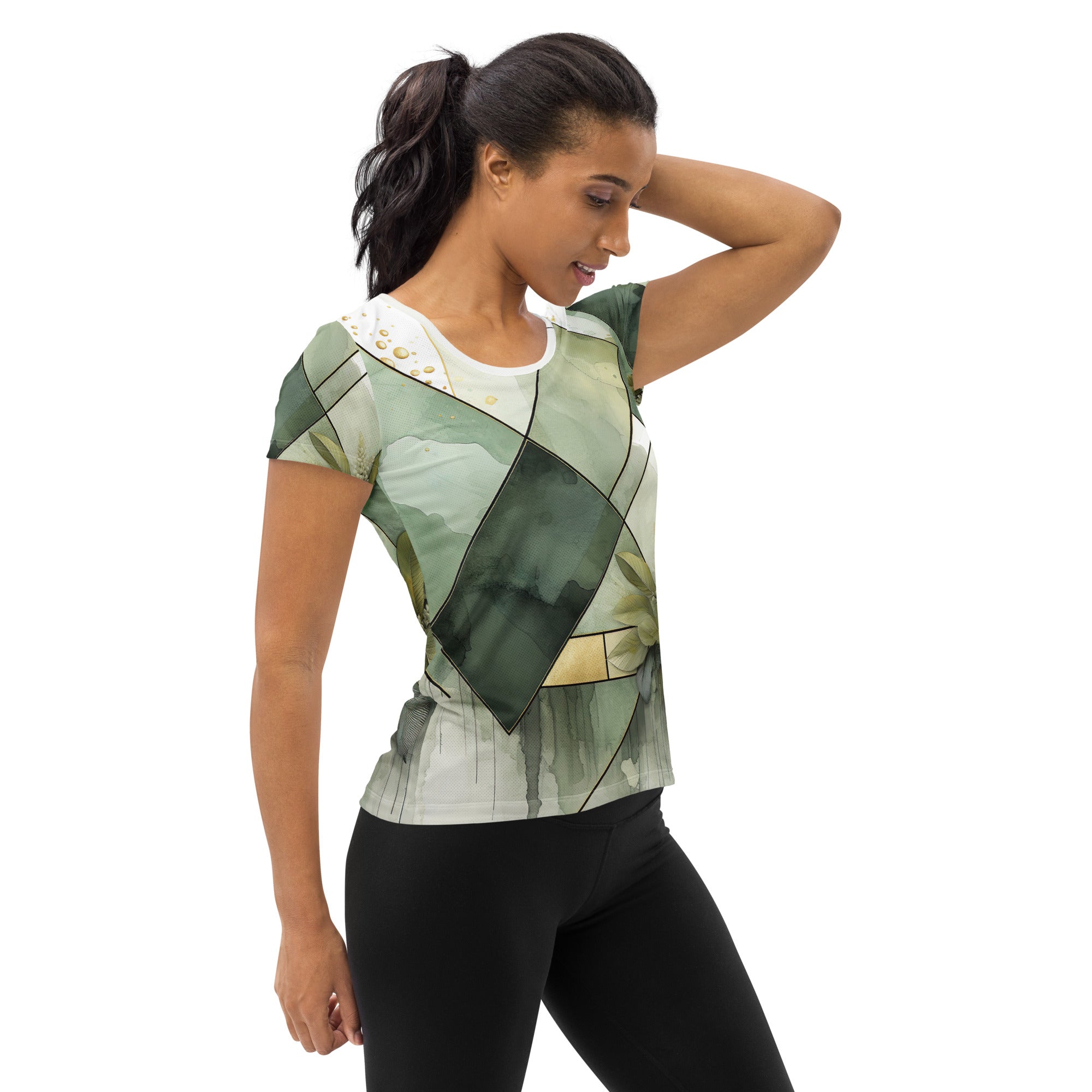 Women's Stretch Fit Athletic Sports T-shirt in Olive Green Mint Leaf with geometric print, showcasing its soft fabric and athletic design.