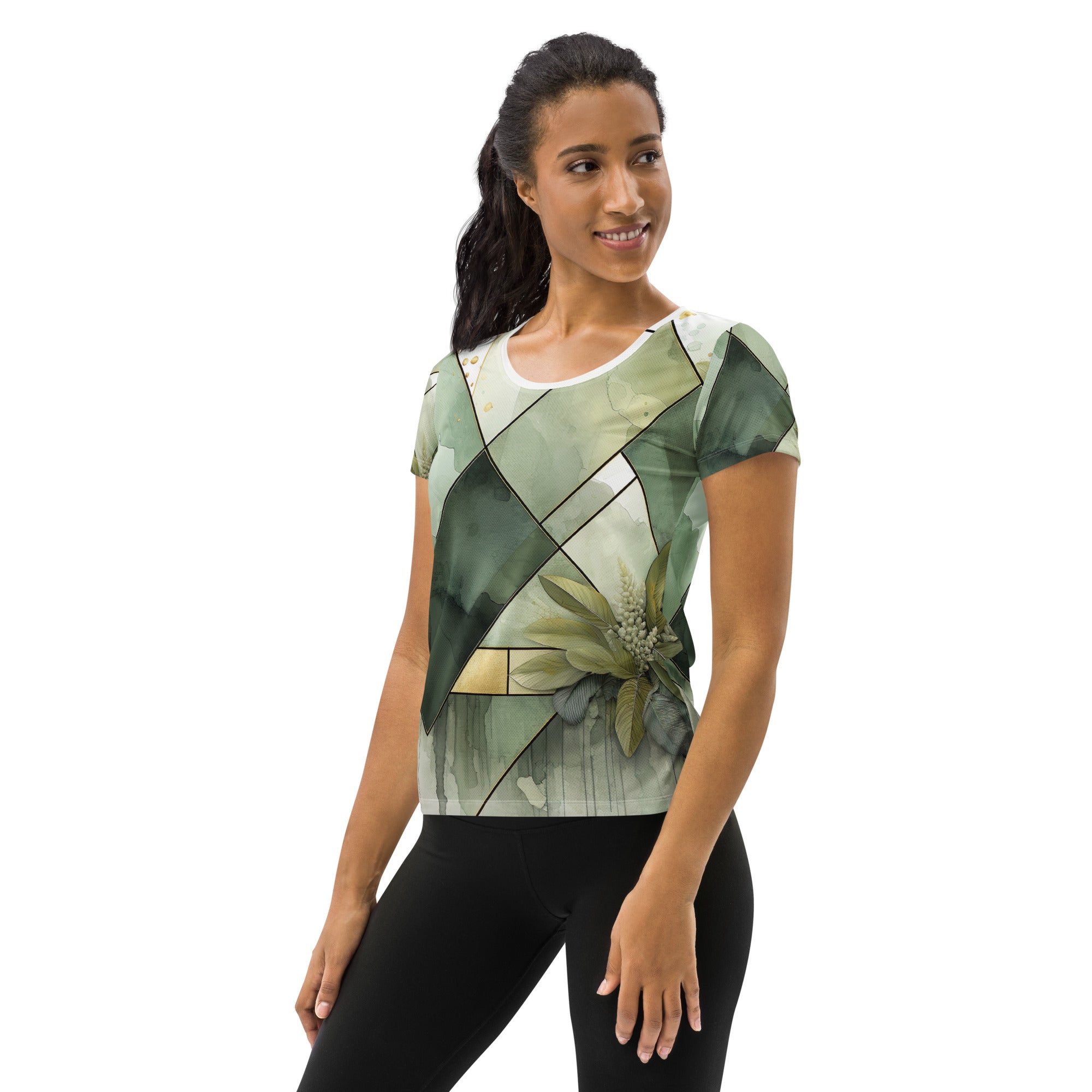 Women's Stretch Fit Athletic Sports T-shirt in Olive Green Mint Leaf with geometric print, showcasing its soft fabric and athletic design.