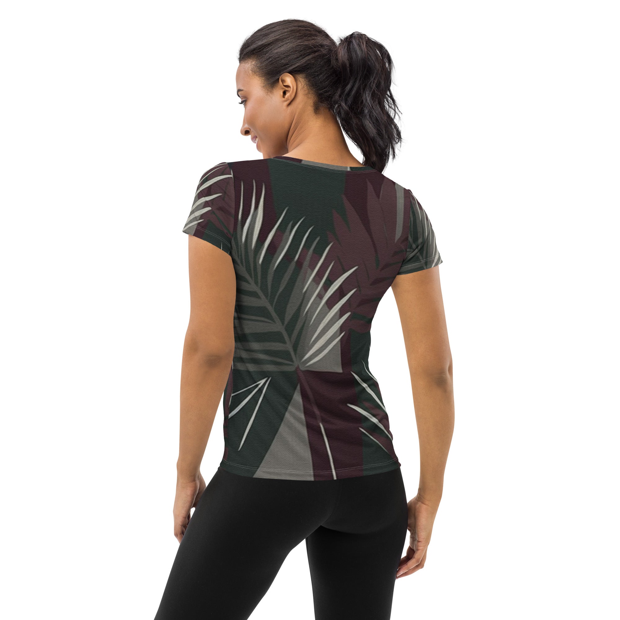 Women's Stretch Fit Athletic Sports T-shirt in maroon with palm tree leaves design, showcasing a comfortable and stylish athletic fit.