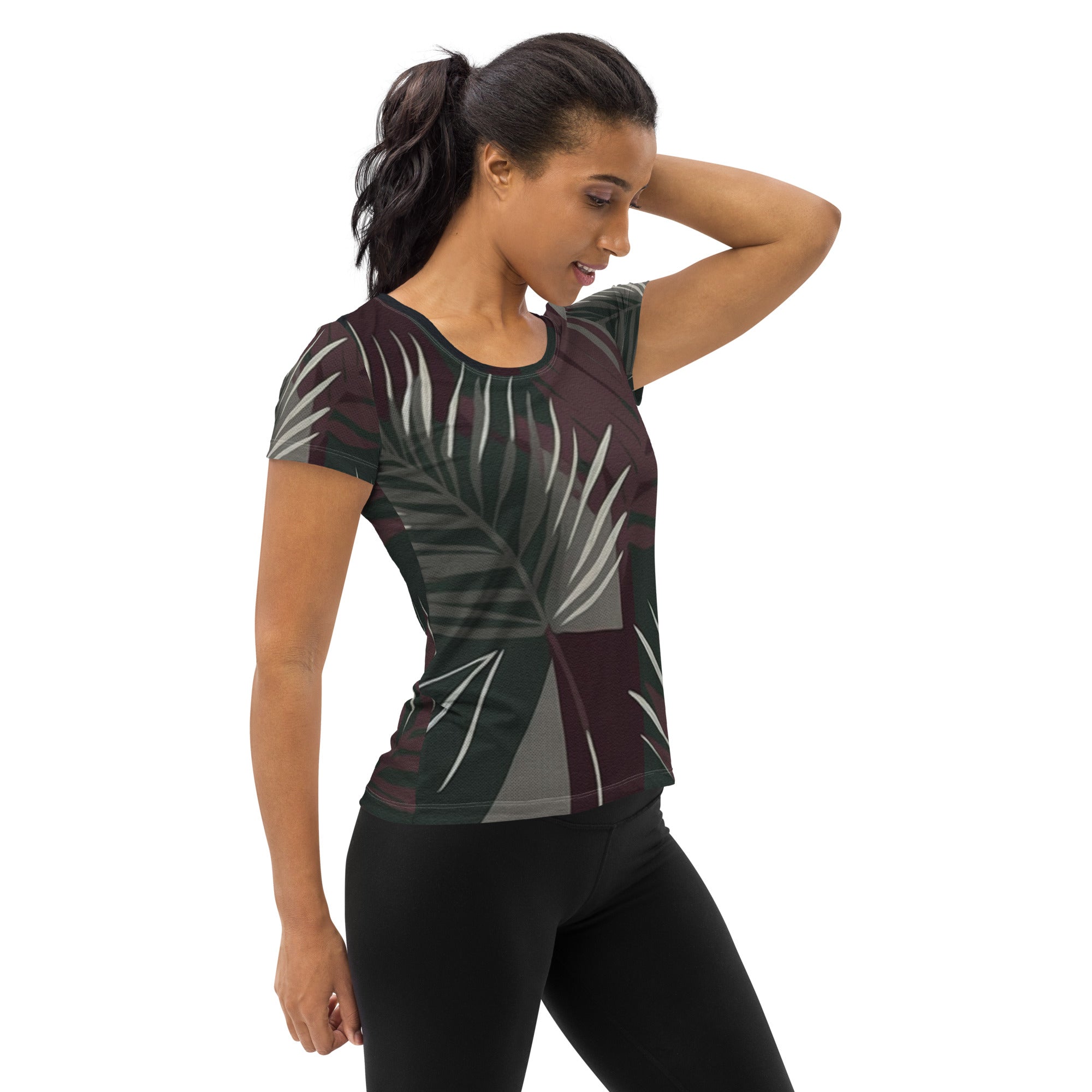 Women's Stretch Fit Athletic Sports T-shirt in maroon with palm tree leaves design, showcasing a comfortable and stylish athletic fit.