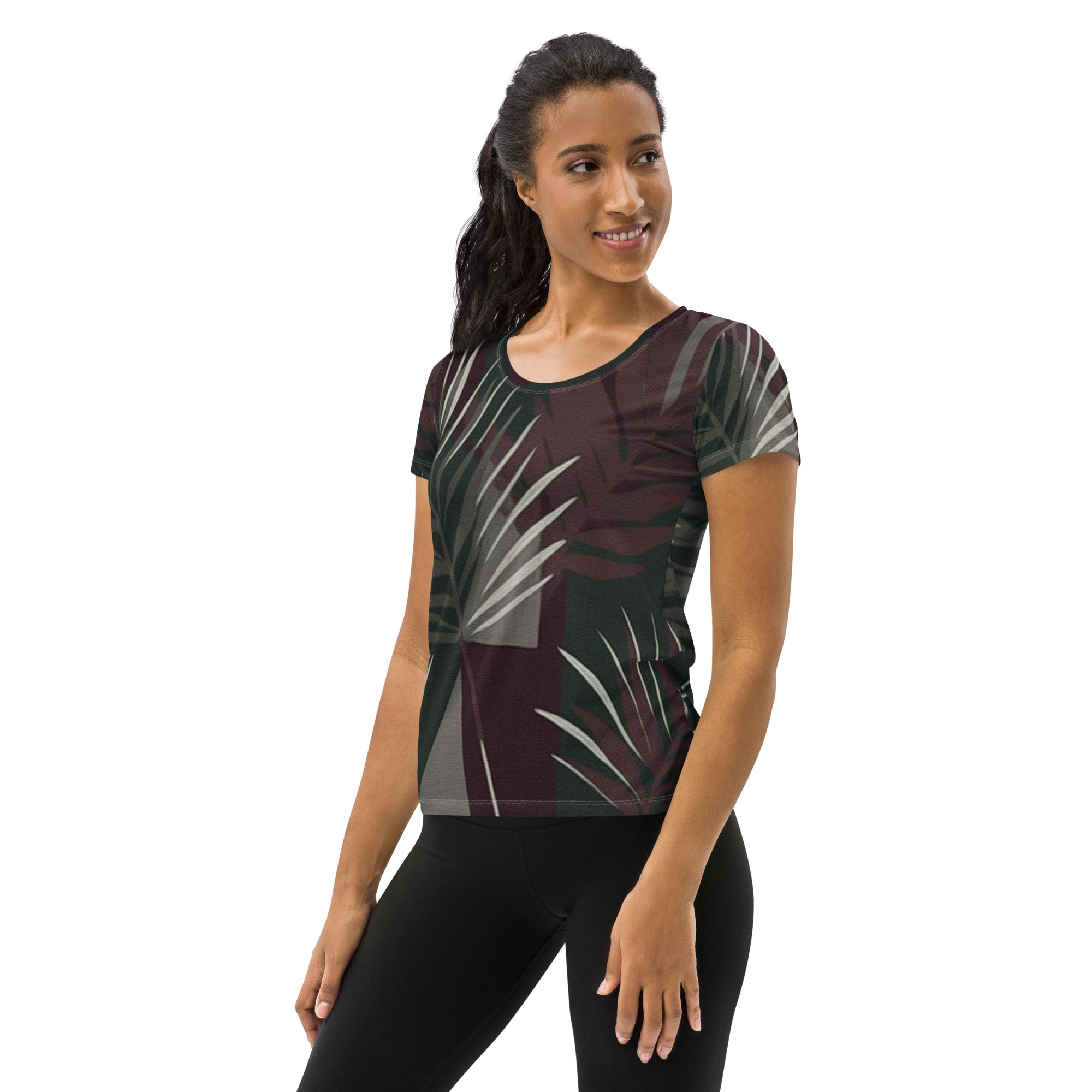 Women's Stretch Fit Athletic Sports T-shirt in maroon with palm tree leaves design, showcasing a comfortable and stylish athletic fit.